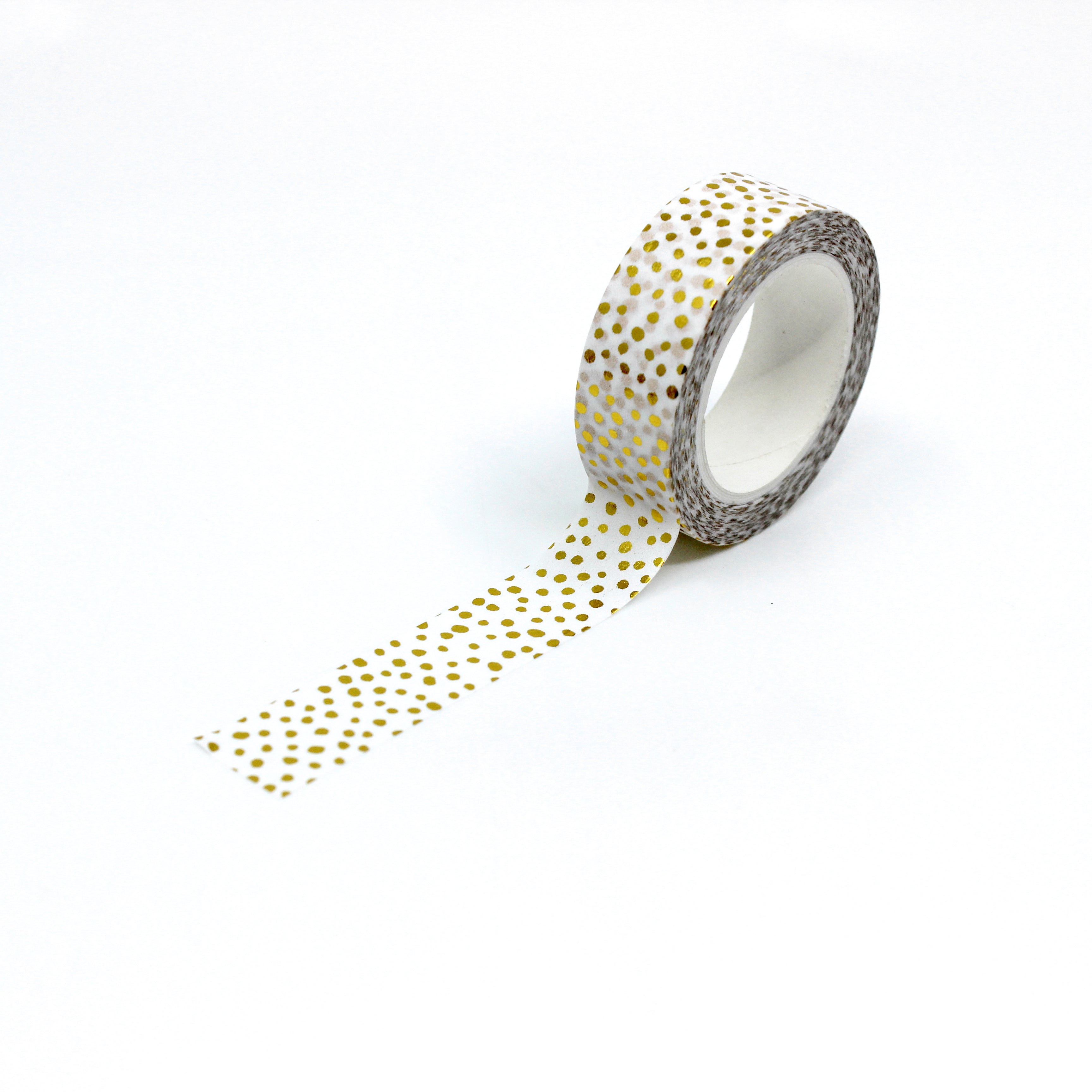 Elevate your crafts with our glamorous gold foil dotted washi tape adorned with playful polka dots and shimmering party confetti, perfect for adding a touch of joy and excitement. This tape is sold at BBB Supplies Craft Shop.