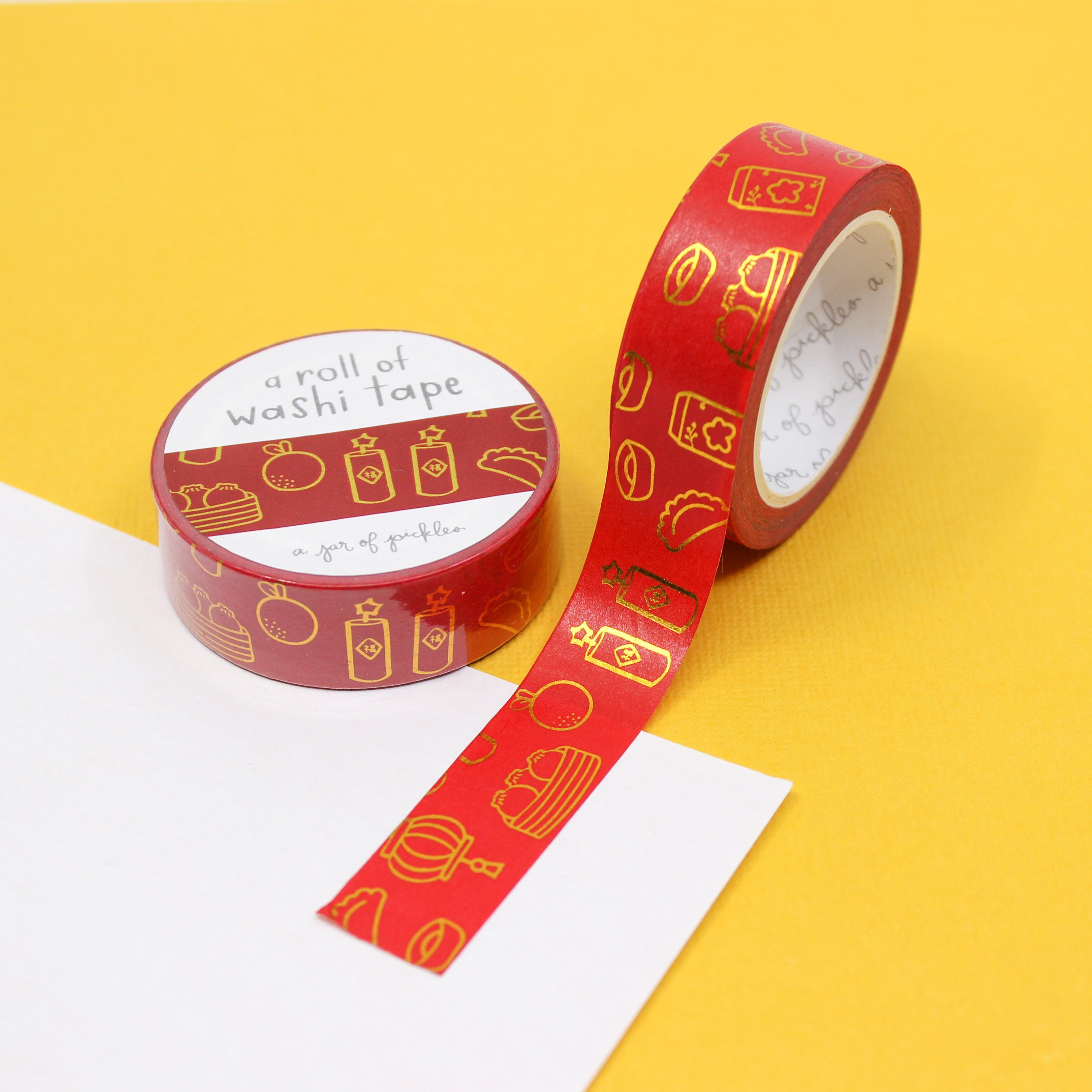 Lunar New Year Washi Tape features traditional motifs and symbols associated with the Lunar New Year, such as dragons, lanterns, fireworks, and the Chinese zodiac animals. It's perfect for adding a festive touch to your crafts, decorations, and gifts during the Lunar New Year celebrations. This tape is from A Jar of Pickles and sold at BBB Supplies Craft Shop.