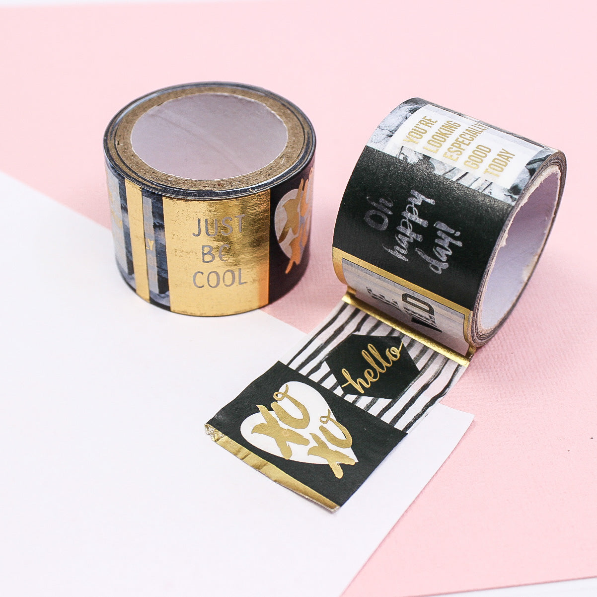 Add a touch of elegance to your projects with this stunning washi tape. Featuring black typography phrases in a variety of styles, accented with gold foil, this tape is perfect for scrapbooking, journaling, card making, and more. This tape is sold at BBB Supplies Craft Shop.