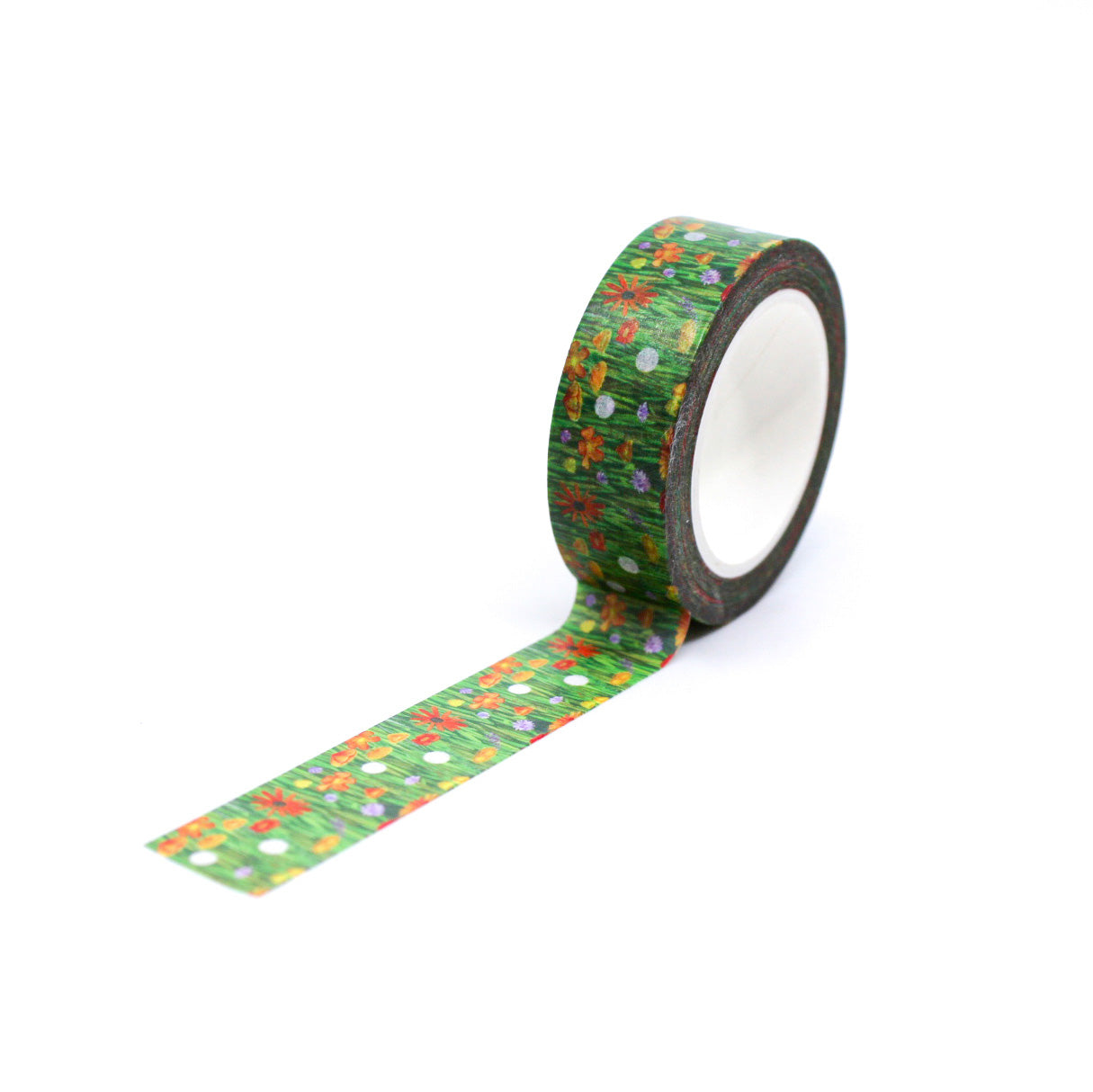 This green field of wildflowers washi tape adds a fresh, natural touch to your crafts. Its soft, but vibrant red, orange, and yellow tones on a green grassy backdrop make it a versatile addition to your stationery collection, offering a gentle yet vibrant accent to your creative projects.