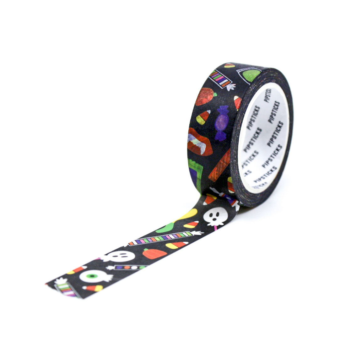 Halloween Candy Washi Tape featuring colorful candy designs like candy corn, lollipops, and sweets, perfect for Halloween crafts, planners, and party decor.