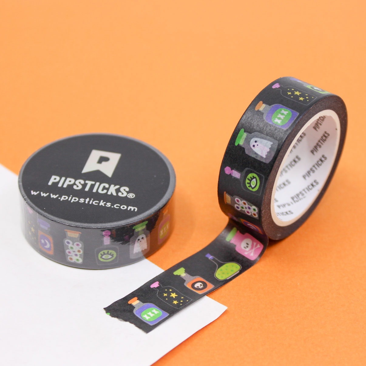 Magic Touch Witches Potion Washi Tape with potion bottles, cauldrons, stars, and moons, perfect for Halloween crafts, planners, and magical-themed projects.