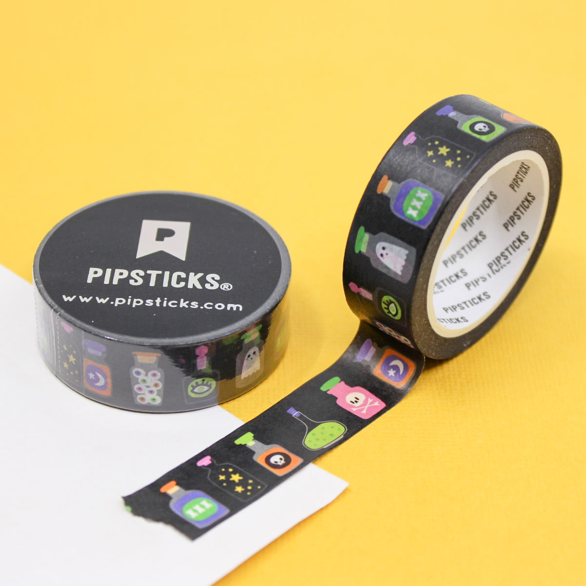 Magic Touch Witches Potion Washi Tape with potion bottles, cauldrons, stars, and moons, perfect for Halloween crafts, planners, and magical-themed projects.