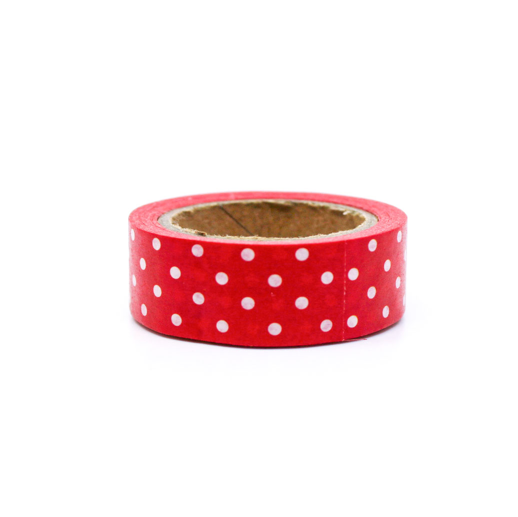 Red and White Polka Dot Washi Tape with a festive design, featuring a bright red background and white polka dots, ideal for holiday crafts and gift wrapping.