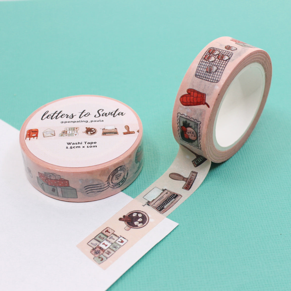Letters to Santa Holiday Objects Washi Tape, a festive collection featuring whimsical illustrations of letters, gifts, and other holiday elements, perfect for adding a joyful touch to your seasonal crafts. This tape is from Pen Paling Paula and sold at BBB Supplies Craft Shop.
