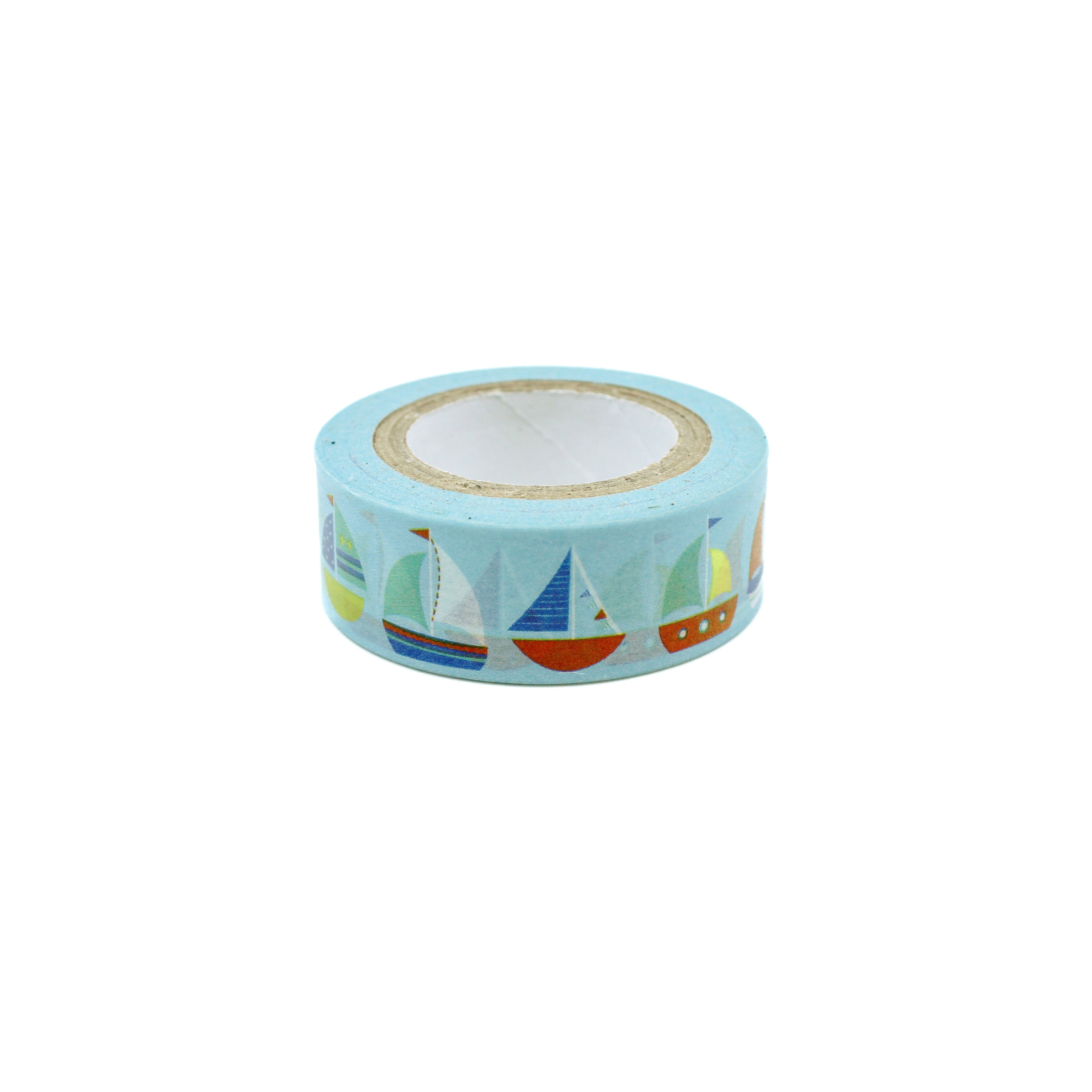 Blue washi tape with small sailboat illustrations on a light blue background, perfect for nautical-themed crafts and decorations.