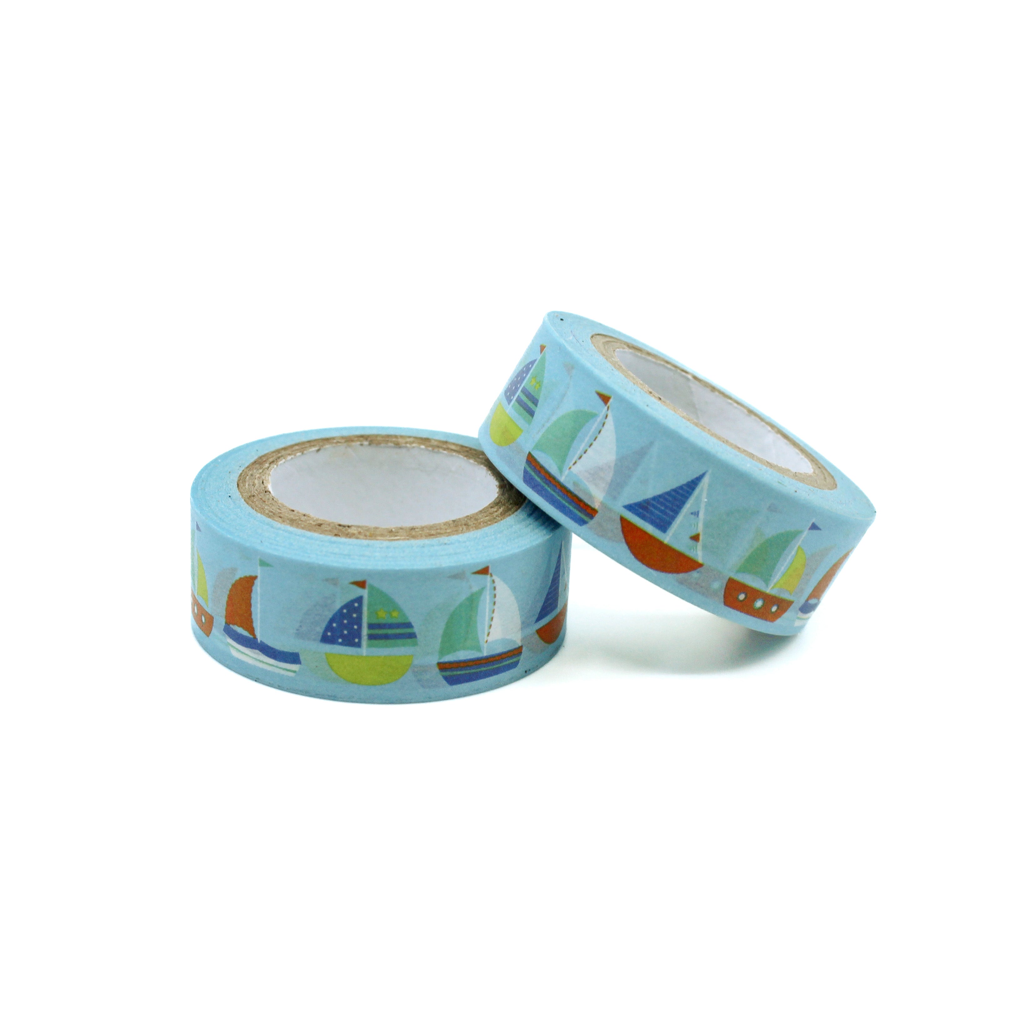 Blue washi tape with small sailboat illustrations on a light blue background, perfect for nautical-themed crafts and decorations.