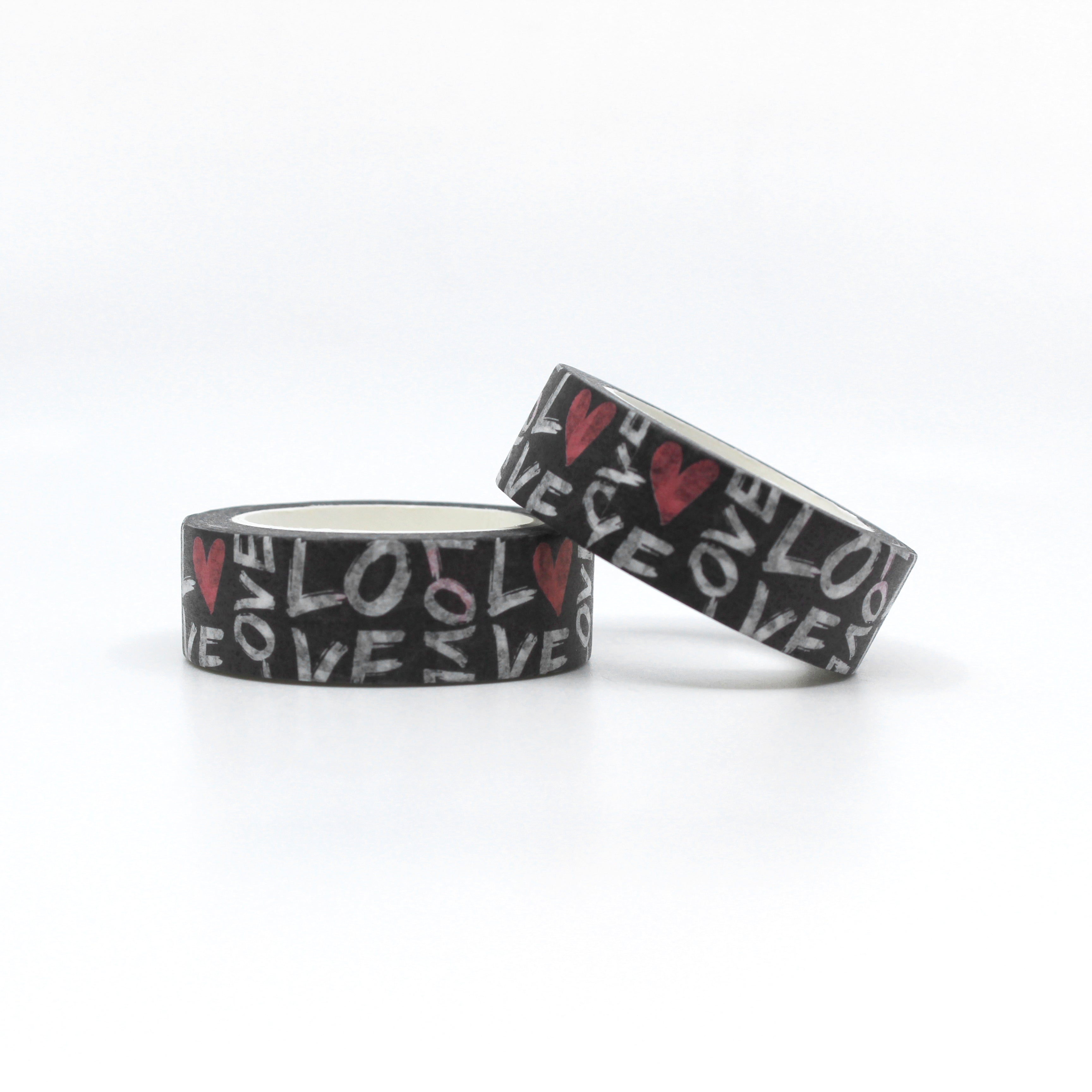 Elevate your crafts with this fun and graphic Love Typography Washi Tape. This tape uses a modern graffiti-style font to spell out expressions of love with heart motifs and is sold at BBB Supplies Craft Shop.