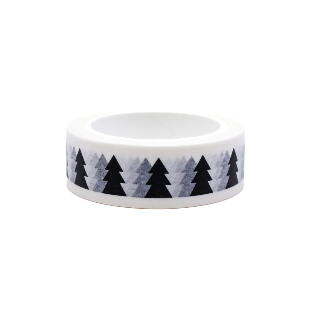 Black and White Nordic Holiday Pine Tree Washi Tape, featuring a charming winter design with stylized pine trees, ideal for adding a touch of Scandinavian elegance to your festive crafts and holiday-themed projects. This tape is from Worthwhile Paper and sold at BBB Supplies Craft Shop.