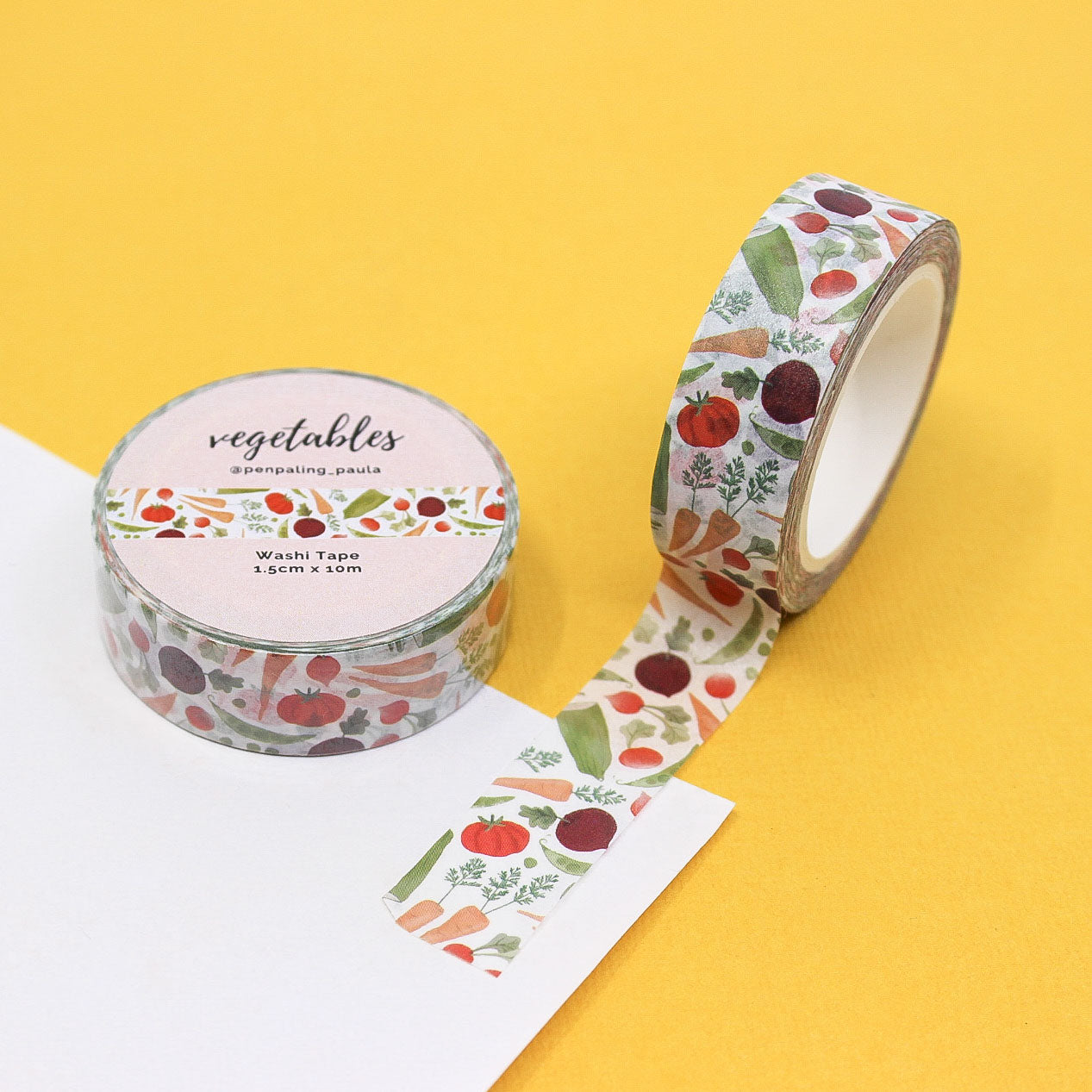 Washi tape features cute, colorful illustrations of vegetables like carrots, broccoli, tomatoes, and bell peppers, ideal for meal planning and adding a playful, healthy touch to your crafts.