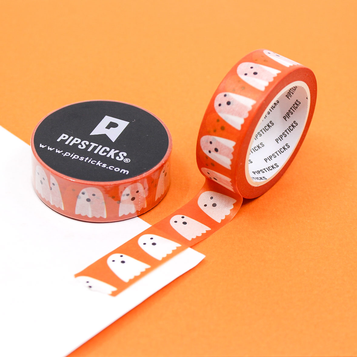 Orange Ghost Lineup Washi Tape with cute white ghosts on a vibrant orange background, perfect for Halloween crafts, planners, and DIY decorations.