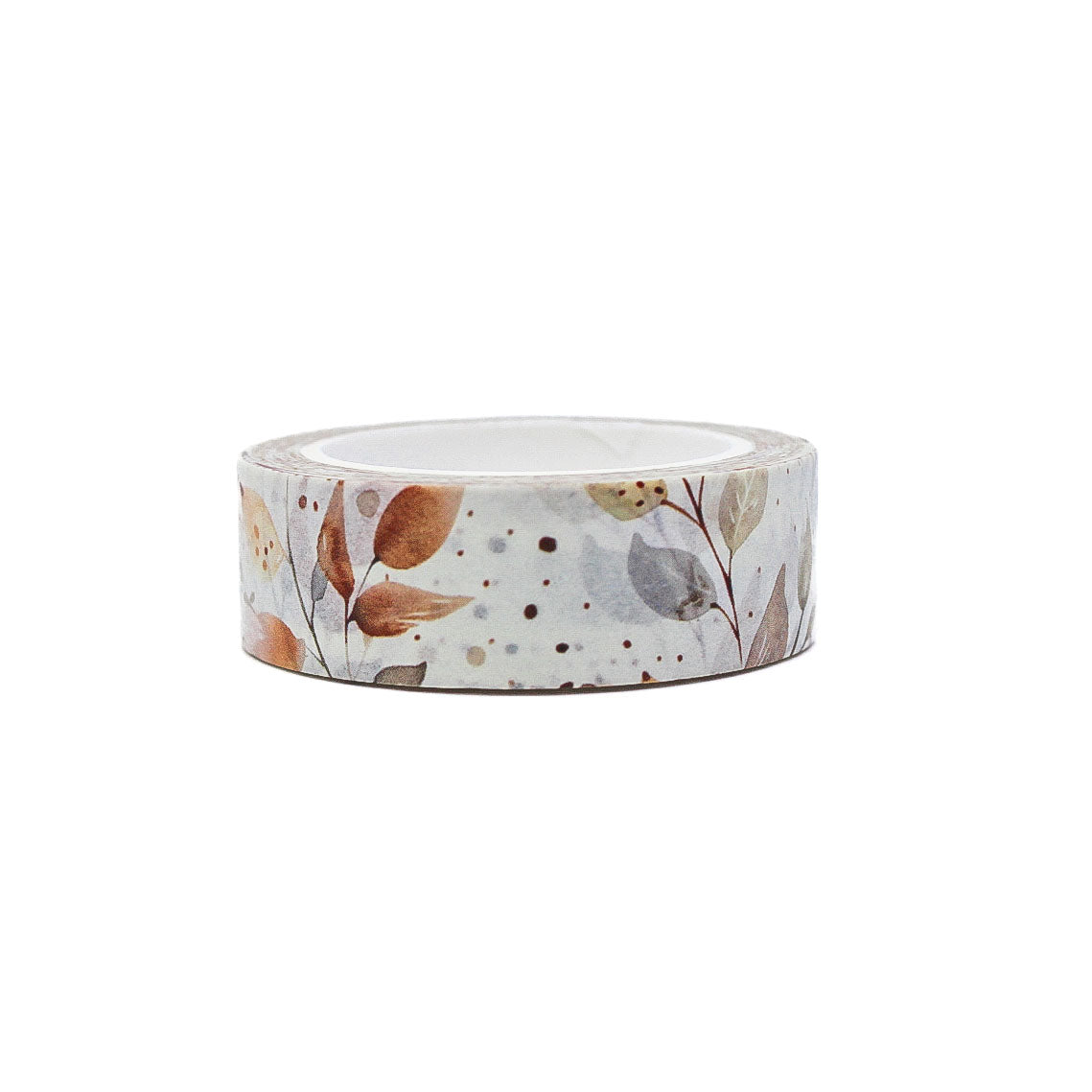 Washi tape with a soft pastel blue and brown autumn leaf branch pattern, featuring a boho-inspired design perfect for fall crafting.