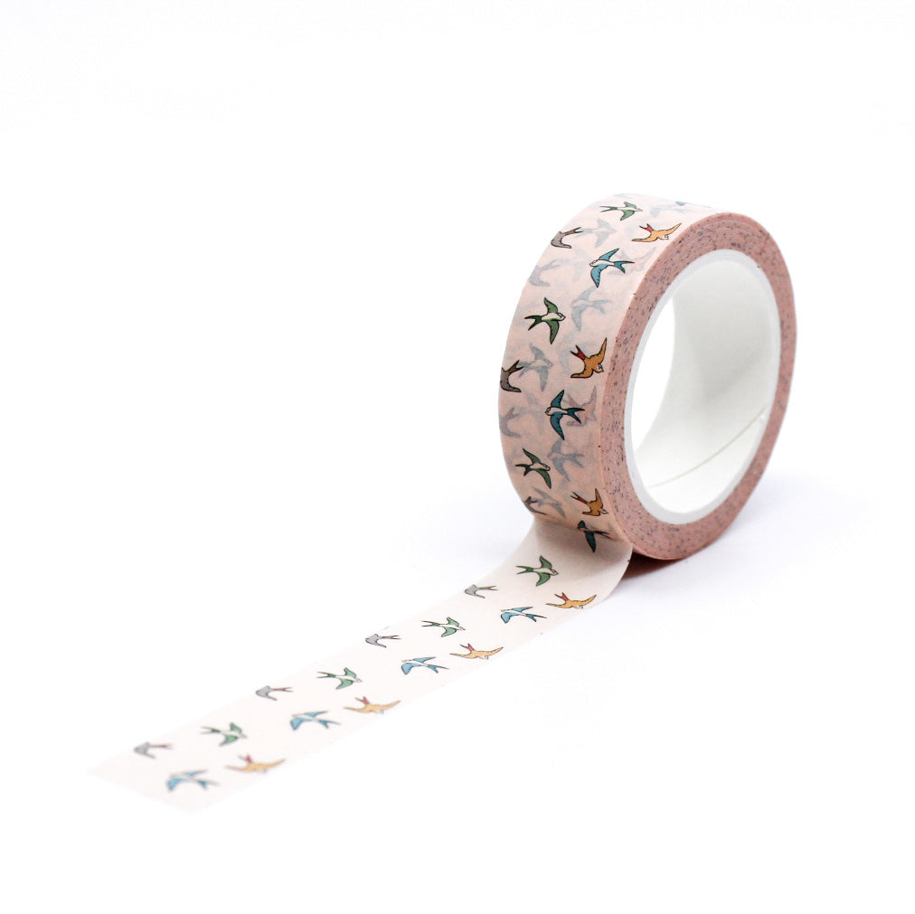 Decorate your projects with the delicate charm of these pastel sparrow birds. This washi tape features sweet sparrows in soft, muted colors, perfect for adding a whimsical touch to your crafts, journals, or scrapbooks. This tape is sold at BBB Supplies Craft Shop.