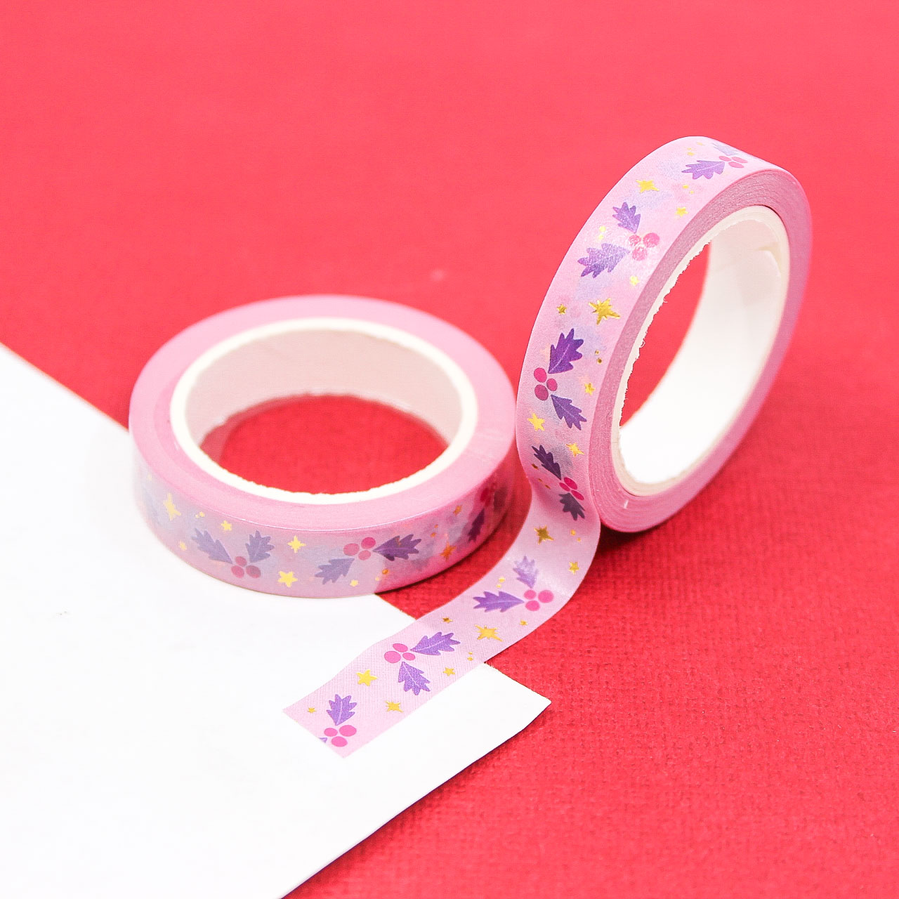 Pink Christmas Holiday Holly Washi Tape with holly leaves and berries design on a pink background,