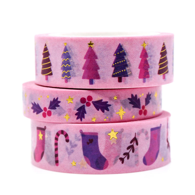 Pink Christmas Holiday Holly Washi Tape with holly leaves and berries design on a pink background,