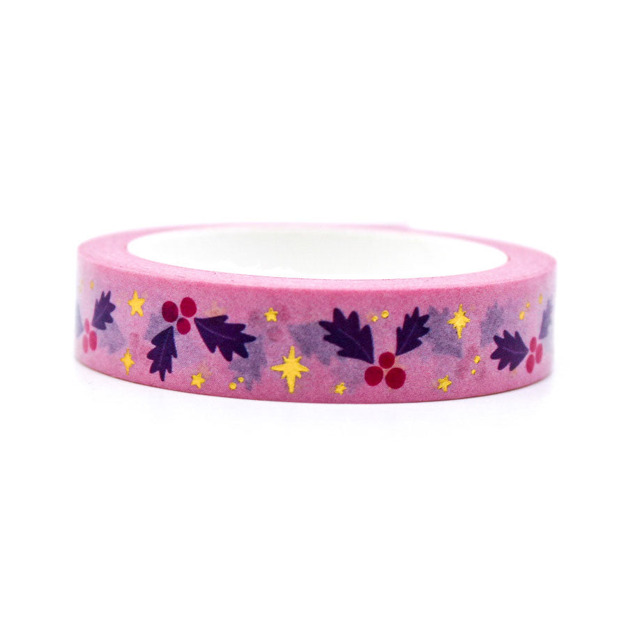 Pink Christmas Holiday Holly Washi Tape with holly leaves and berries design on a pink background,