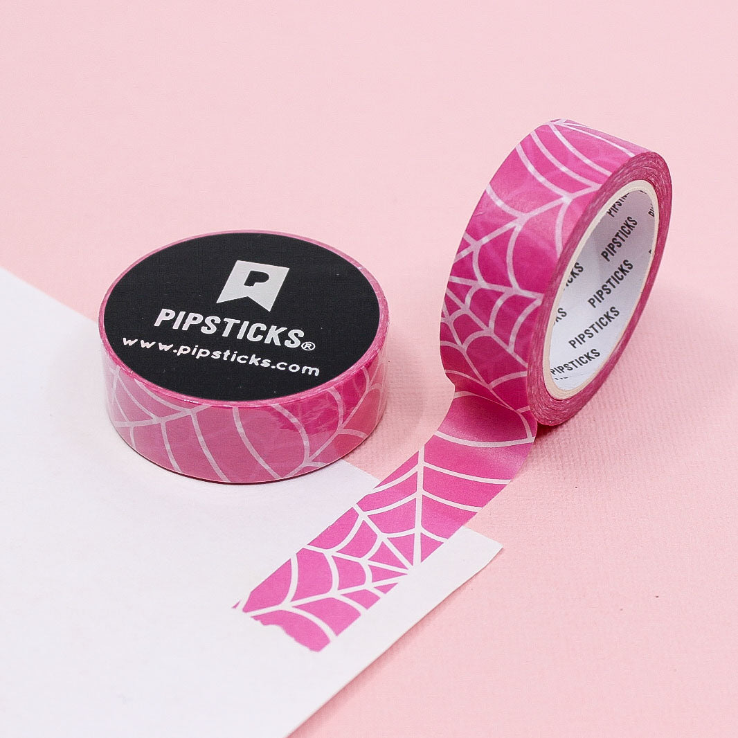 Pink Tangled Web Washi Tape with black spider webs on a soft pink background, perfect for Halloween crafts, planners, and spooky-themed decor.