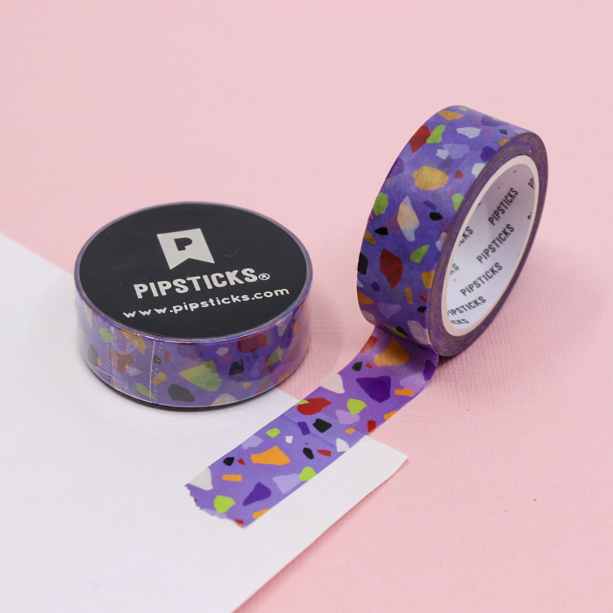 Purple Petrified Pathway Washi Tape featuring a colorful terrazzo pattern with purple, pink, and multicolored specks. Perfect for planners, journaling, and crafting.