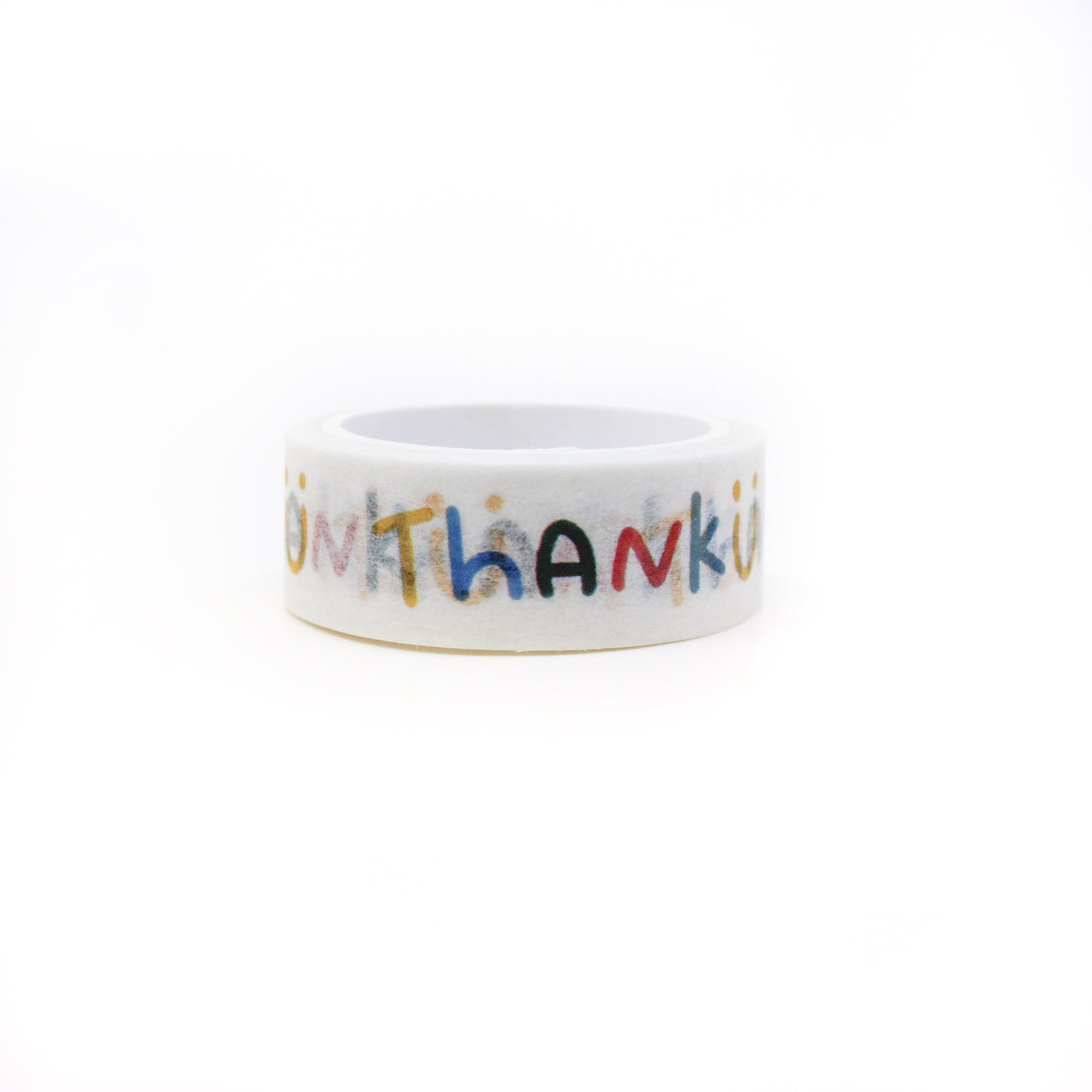 Vibrant washi tape featuring the words 'Thank U' alongside a cheerful smiling face. This playful design on a crisp white background adds a touch of gratitude and joy to your crafting projects. This tape is sold at BBB Supplies Craft Shop.