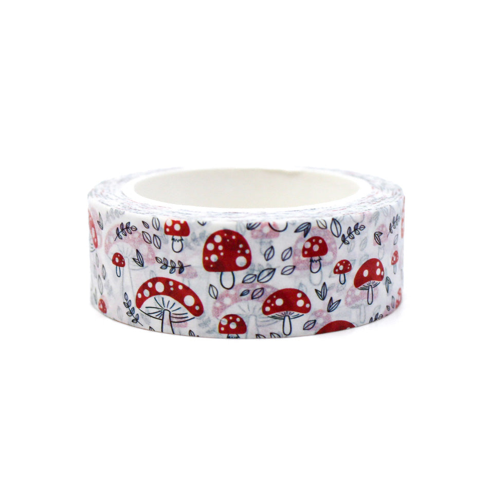 This playful washi tape features a fun pattern of red mushrooms, adding a whimsical touch to your crafting projects. Perfect for scrapbooking, journaling, or adding a pop of color to any creative endeavor. This tape is sold at BBB Supplies Craft Shop.