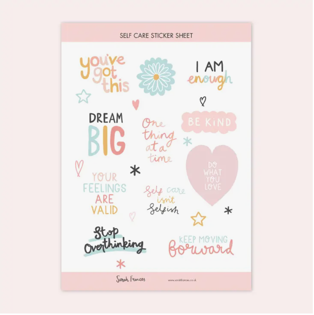 Prioritize self-care with our Self Care Sticker Sheet, featuring a variety of self-care-related stickers. Ideal for adding a reminder to nurture your well-being in your planner or journal. These stickers are from Sarah Frances and sold at BBB Supplies Craft Shop.