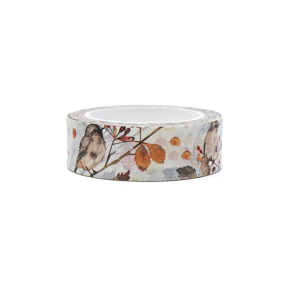 Washi tape featuring sparrows perched on autumn branches with vibrant fall leaves in shades of orange, red, and gold.