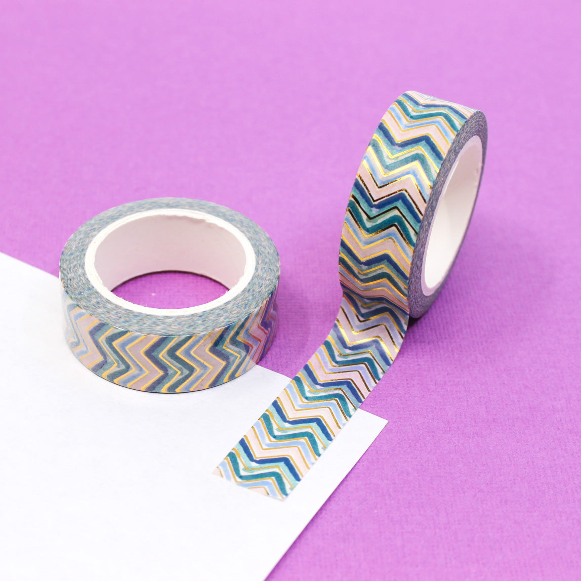 Pastel Spring Chevron Washi: A delightful washi tape featuring a soft, pastel-colored chevron pattern, perfect for adding a touch of spring to your crafts and projects. This washi tape is sold at BBB Supplies Craft Shop.
