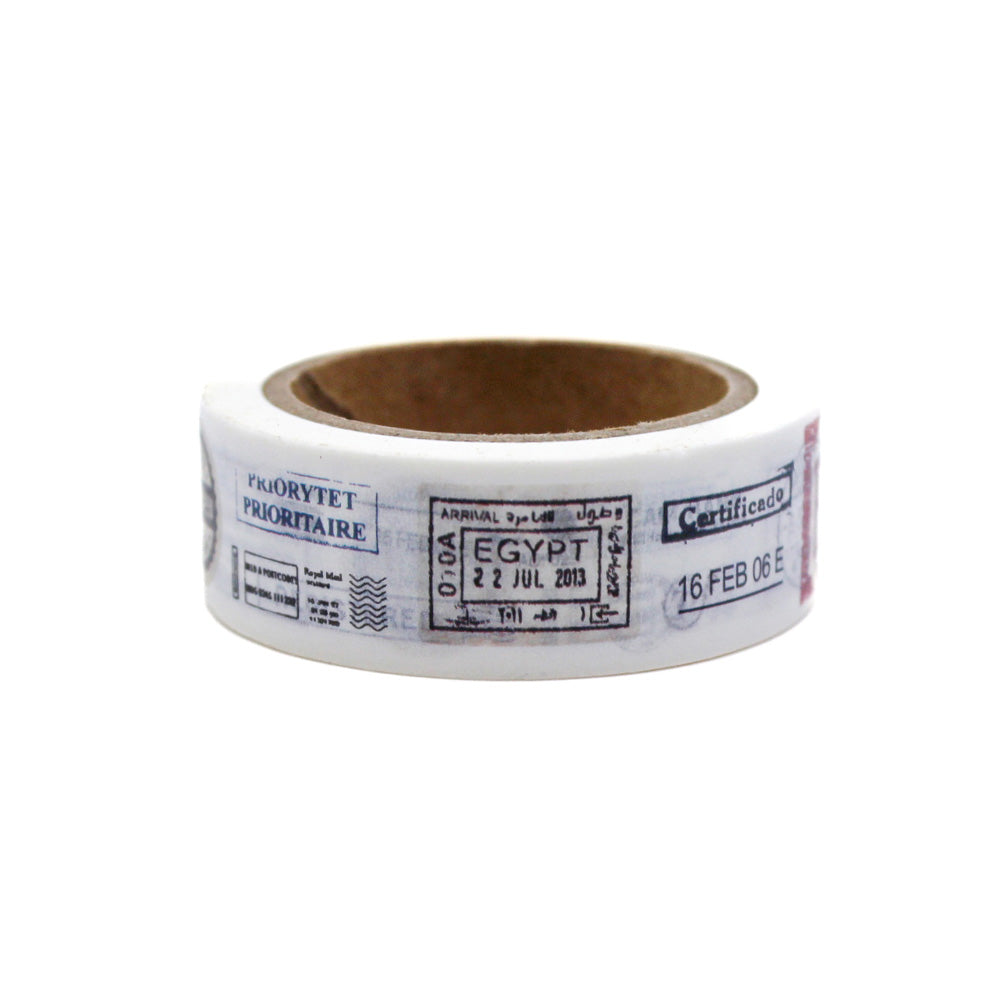 Passport Travel Stamps Washi Tape featuring a collage of vintage passport stamps from around the world, perfect for globetrotters. This tape is sold at BBB Supplies Craft Shop.
