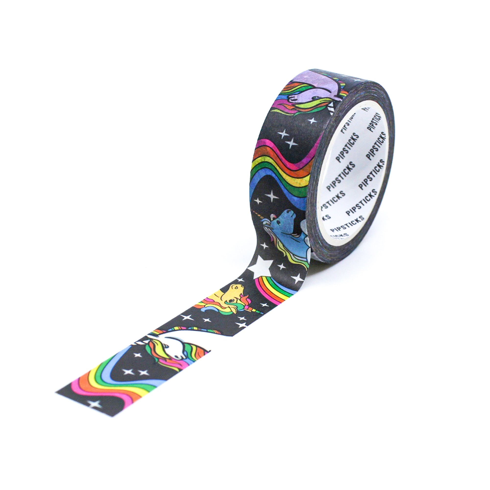 Add a magical touch to your projects with this vibrant washi tape featuring whimsical unicorns and colorful rainbows, perfect for planners, scrapbooks, and journals. This tape is from pipsticks and sold at BBB Supplies Craft Shop.