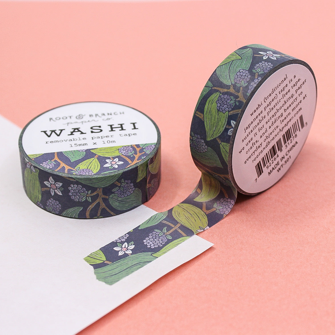 The Wild Blackberries and Foliage Washi Tape showcases a beautiful design of ripe blackberries intertwined with lush green foliage. This nature-inspired washi tape adds a touch of woodland charm and botanical elegance to your journaling, scrapbooking, or crafting projects.