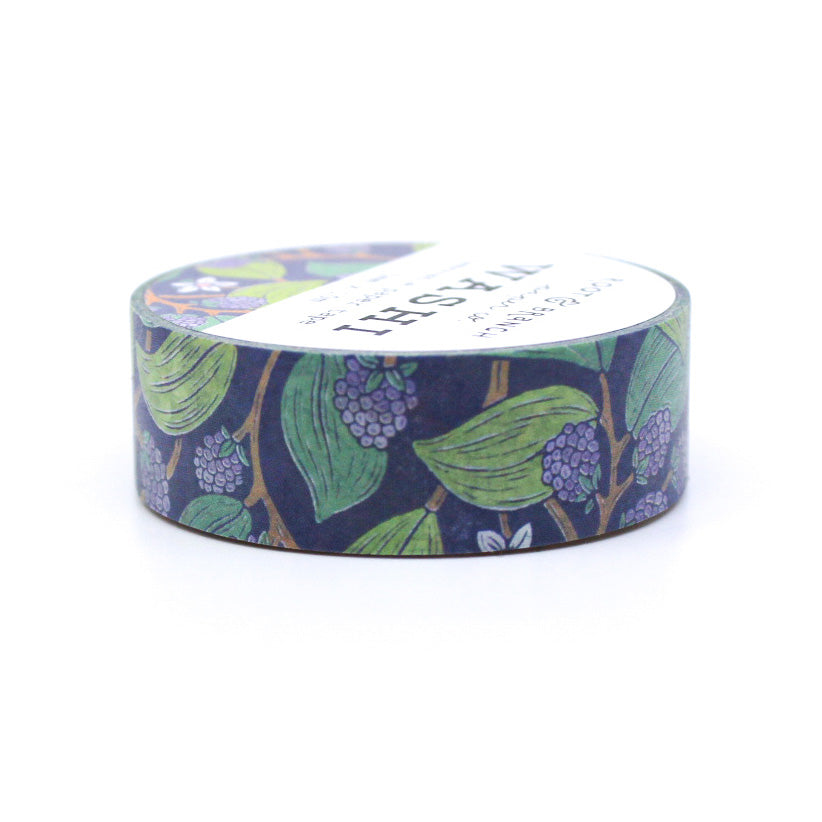 The Wild Blackberries and Foliage Washi Tape showcases a beautiful design of ripe blackberries intertwined with lush green foliage. This nature-inspired washi tape adds a touch of woodland charm and botanical elegance to your journaling, scrapbooking, or crafting projects.