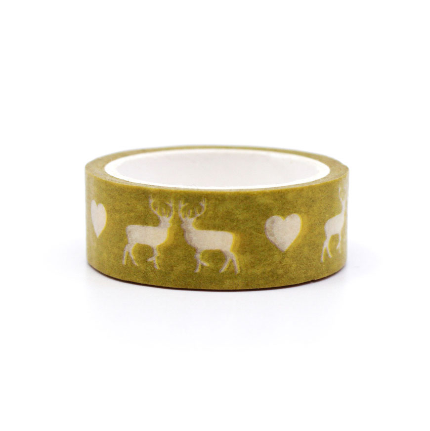 Yellow washi tape featuring cute deer and heart illustrations on a bright yellow background, ideal for scrapbooking and crafting.