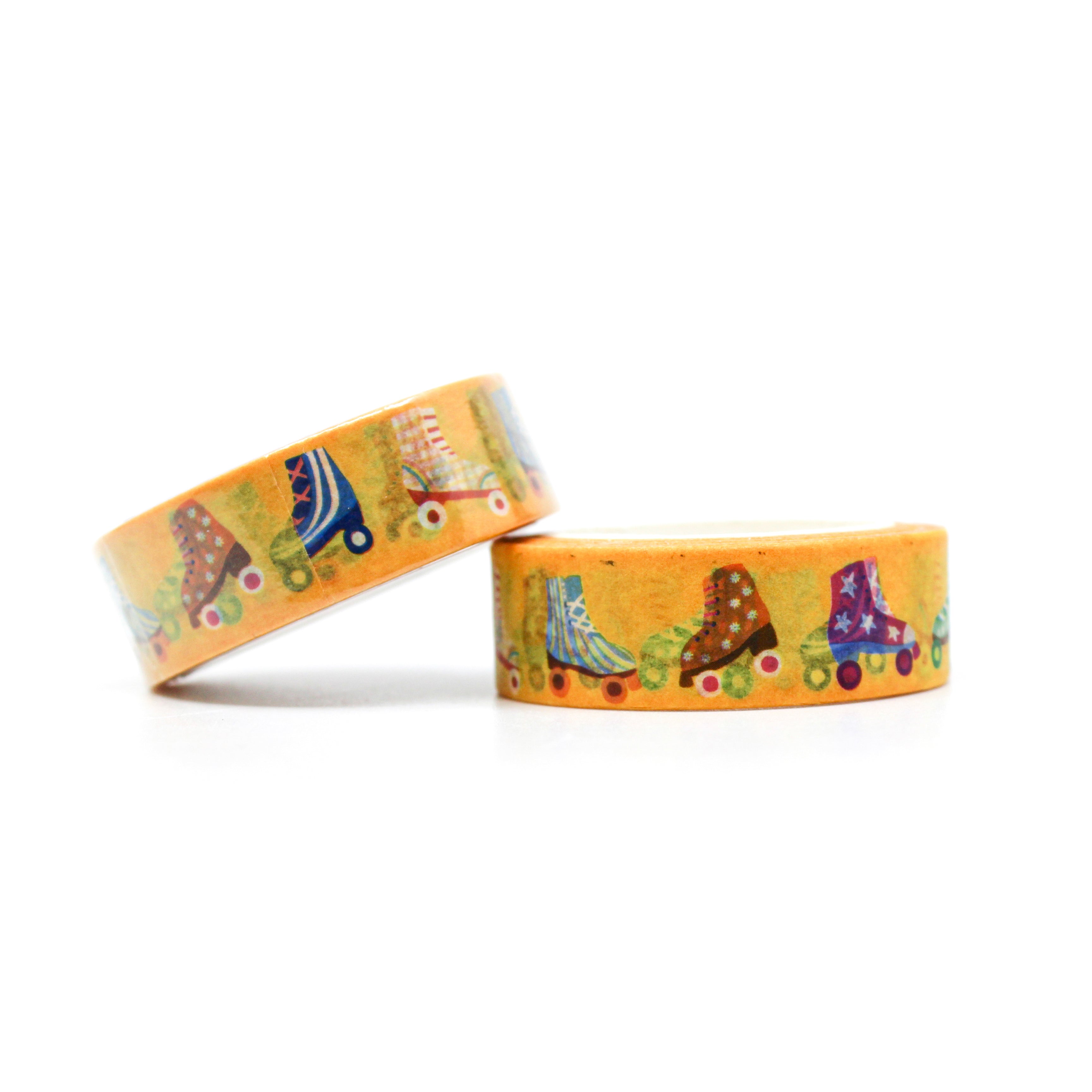 This is a roll of yellow background roller skates collection washi tapes that is whimsical and fun from BBB Supplies Craft Shop