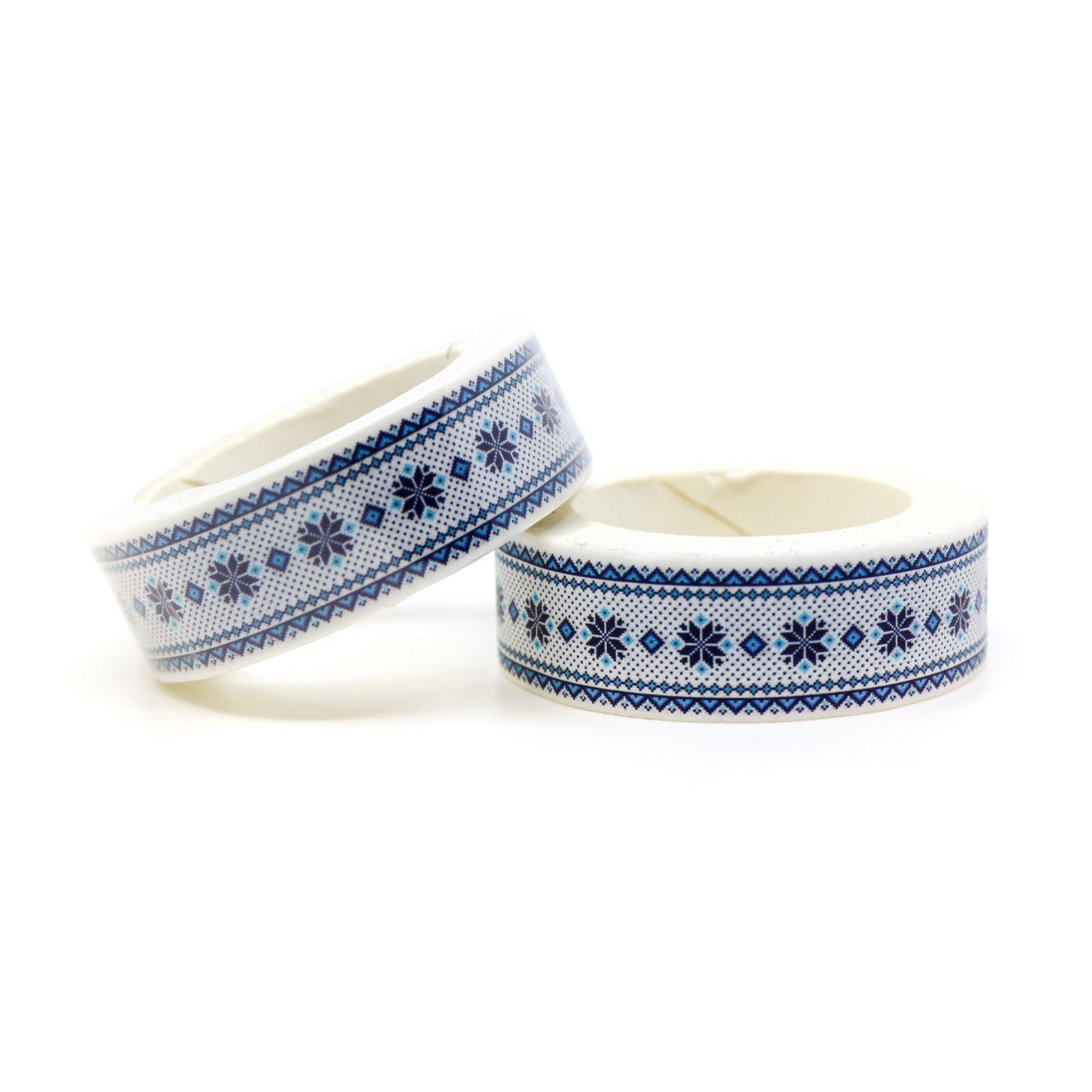 This cute blue washi tape is perfect for sweater weather. The blue and white winter cross stitch pattern will bring joy to any craft project, BUJO or planner spread. This tape is sold at BBB Supplies Craft Shop.