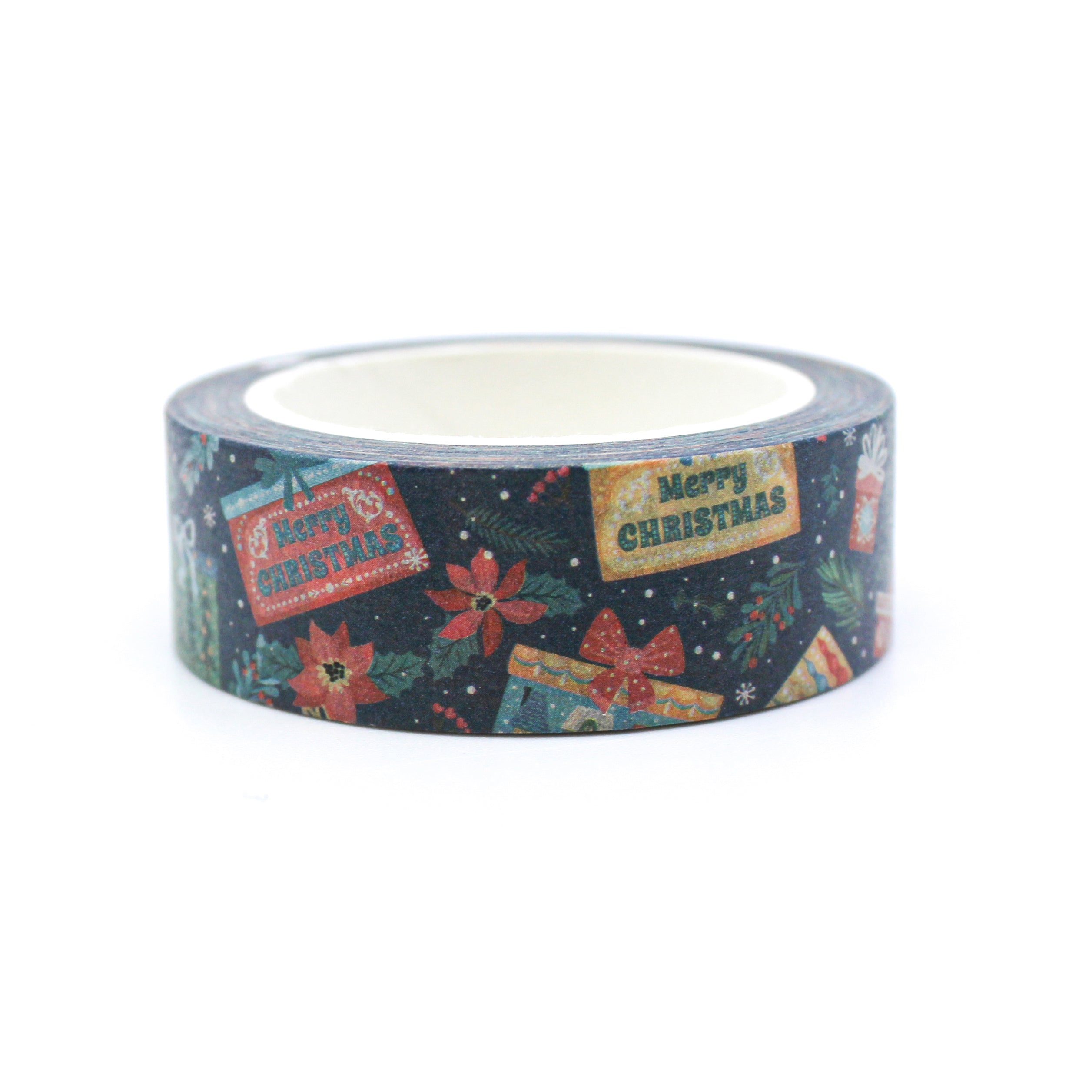 This cute Merry Christmas Gifts washi tape with poinsettias and Holly will bring Joy to any spread from BBB Supplies Craft Shop.