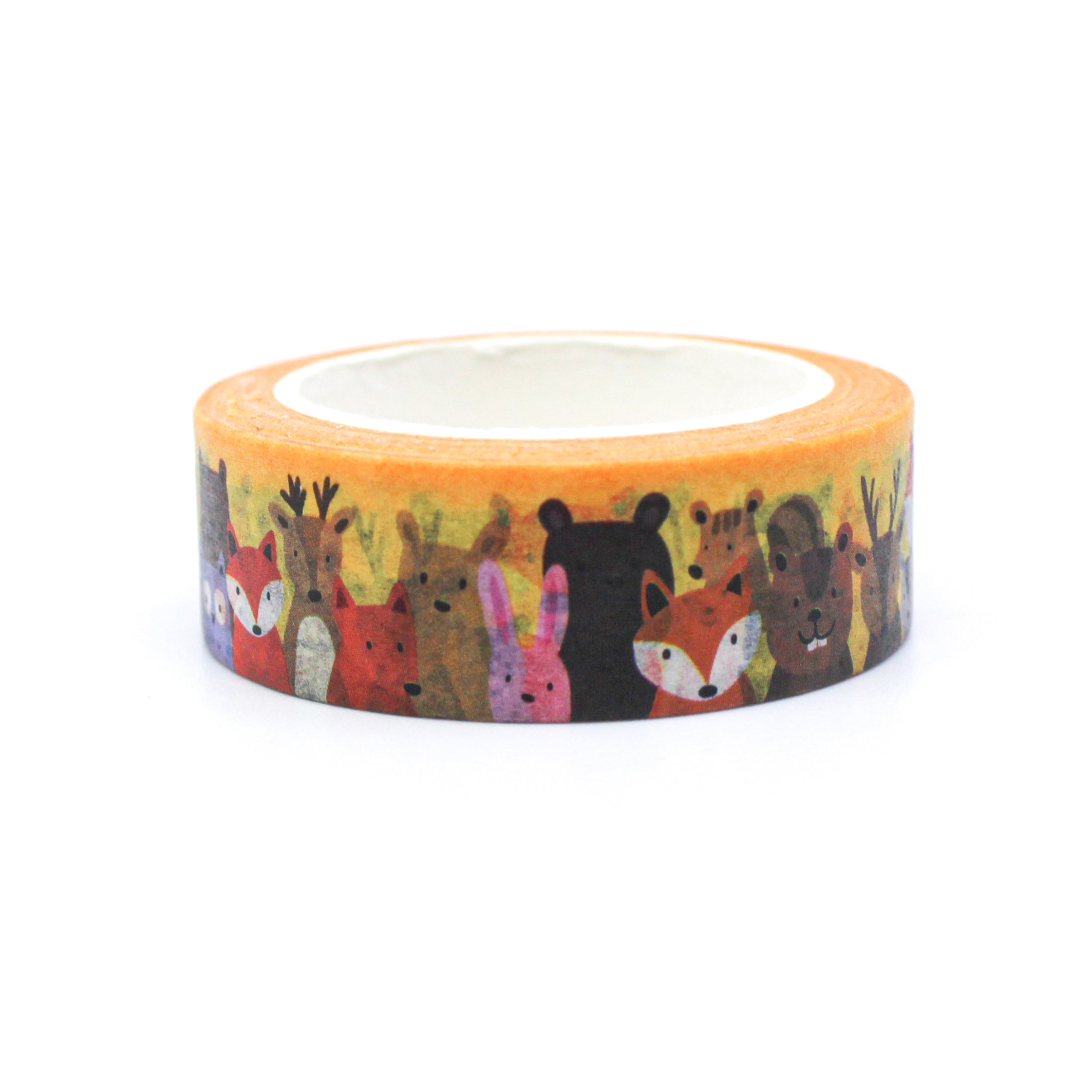 This is a cute view of yellow foil woodland animal creatures pattern washi tape from BBB Supplies Craft Shop