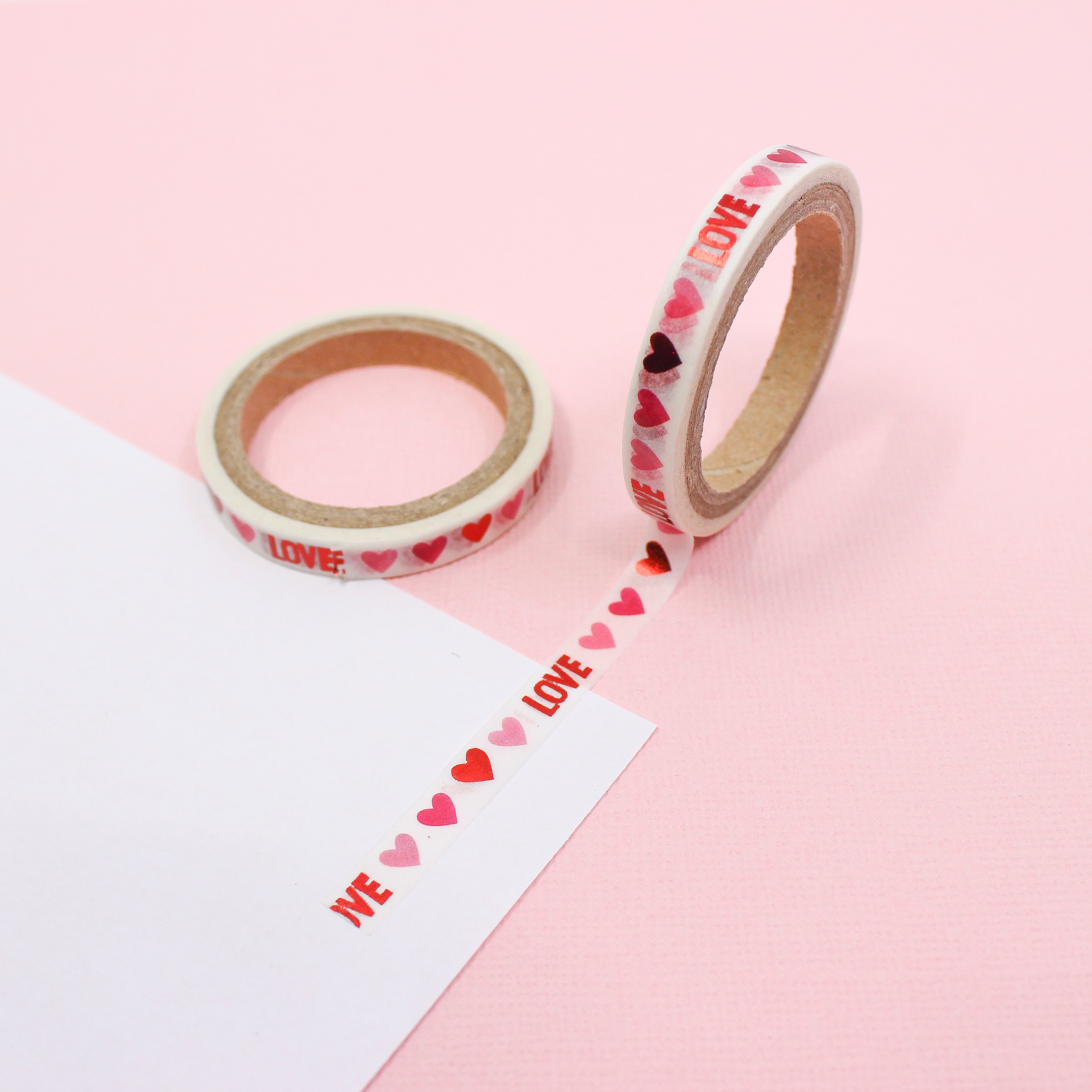 This is a love foil multi color red heart with white background themed washi tape from BBB Supplies Craft Shop