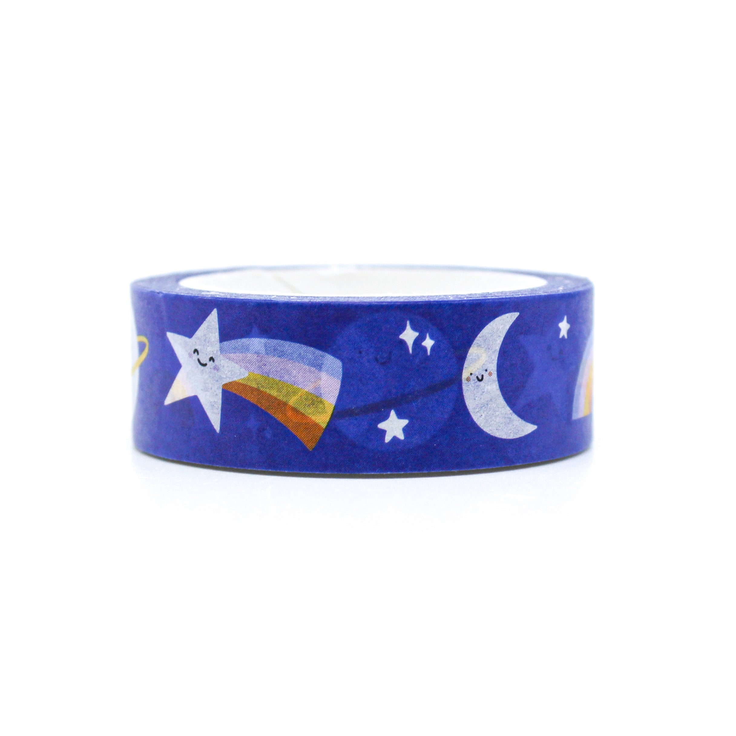 This is cute blue cosmos, planet and rainbows washi tape from BBB Supplies Craft Shop