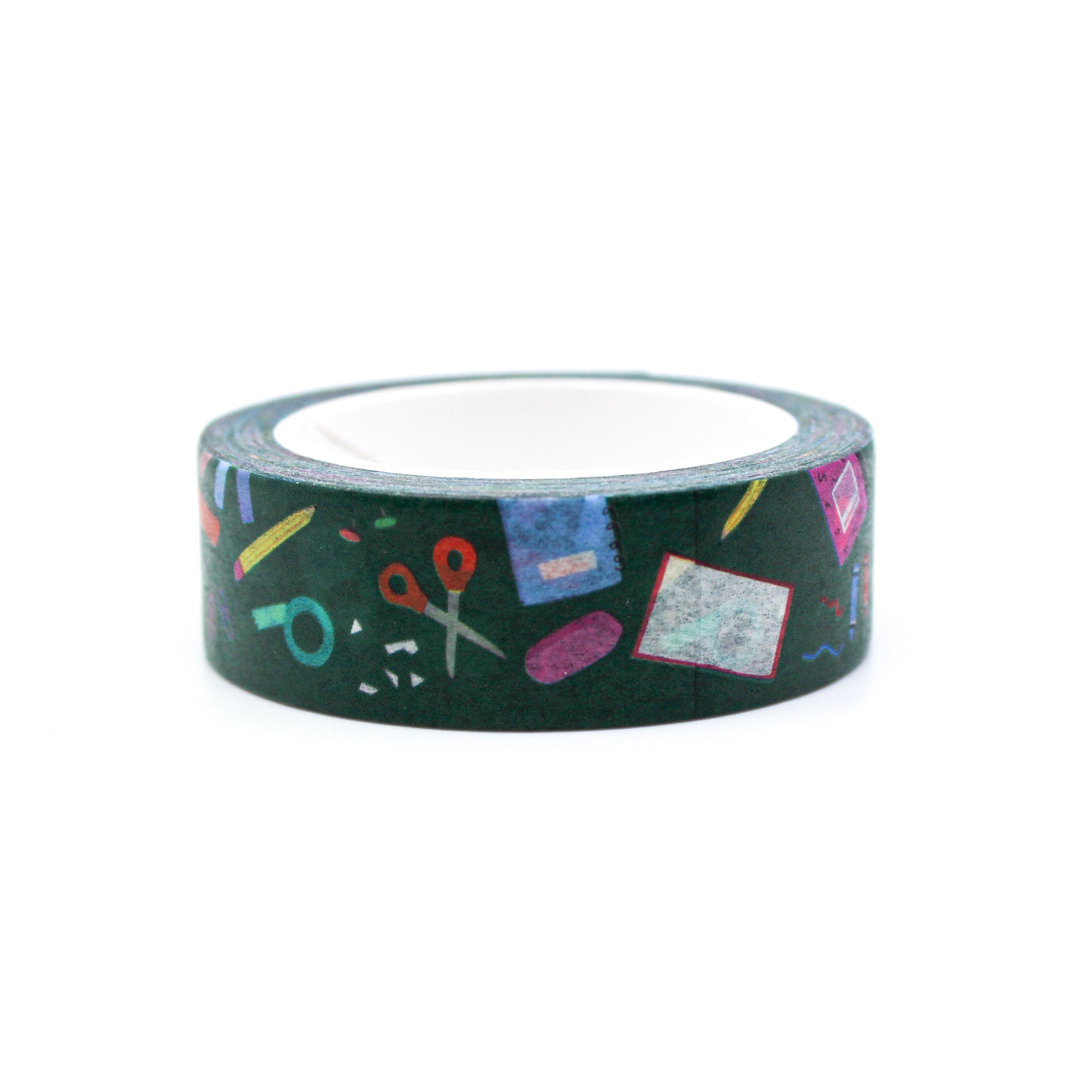 This is a dark green back to school supplies themed view of washi tape from BBB Supplies Craft Shop