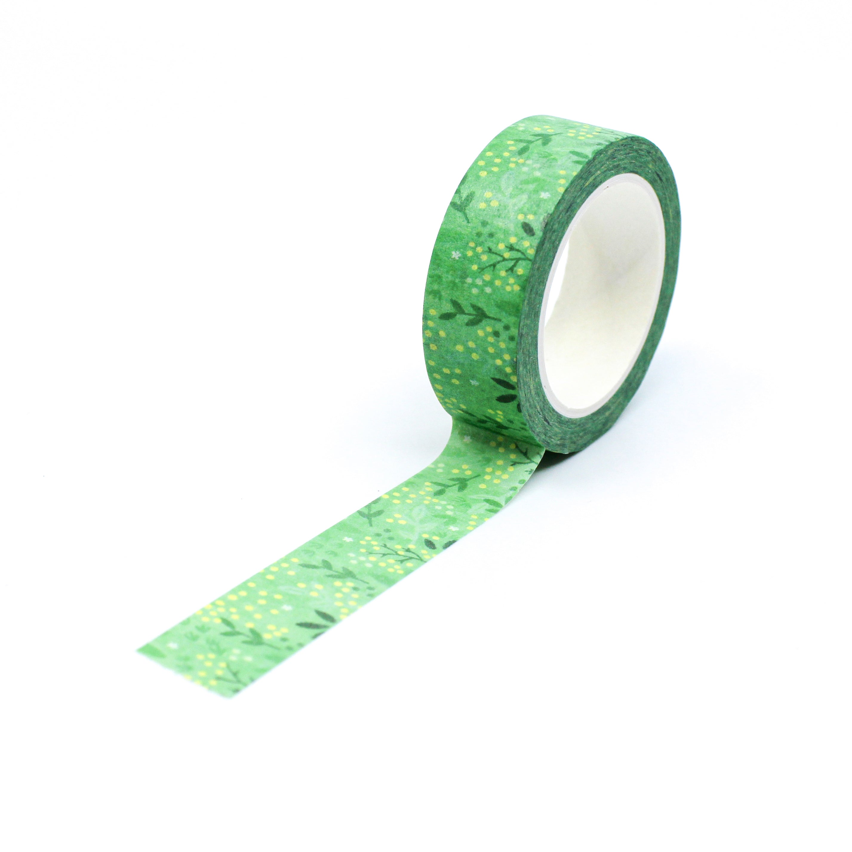 This is a full pattern repeat view of painterly green field with flowers scenery washi tape from BBB Supplies Craft Shop