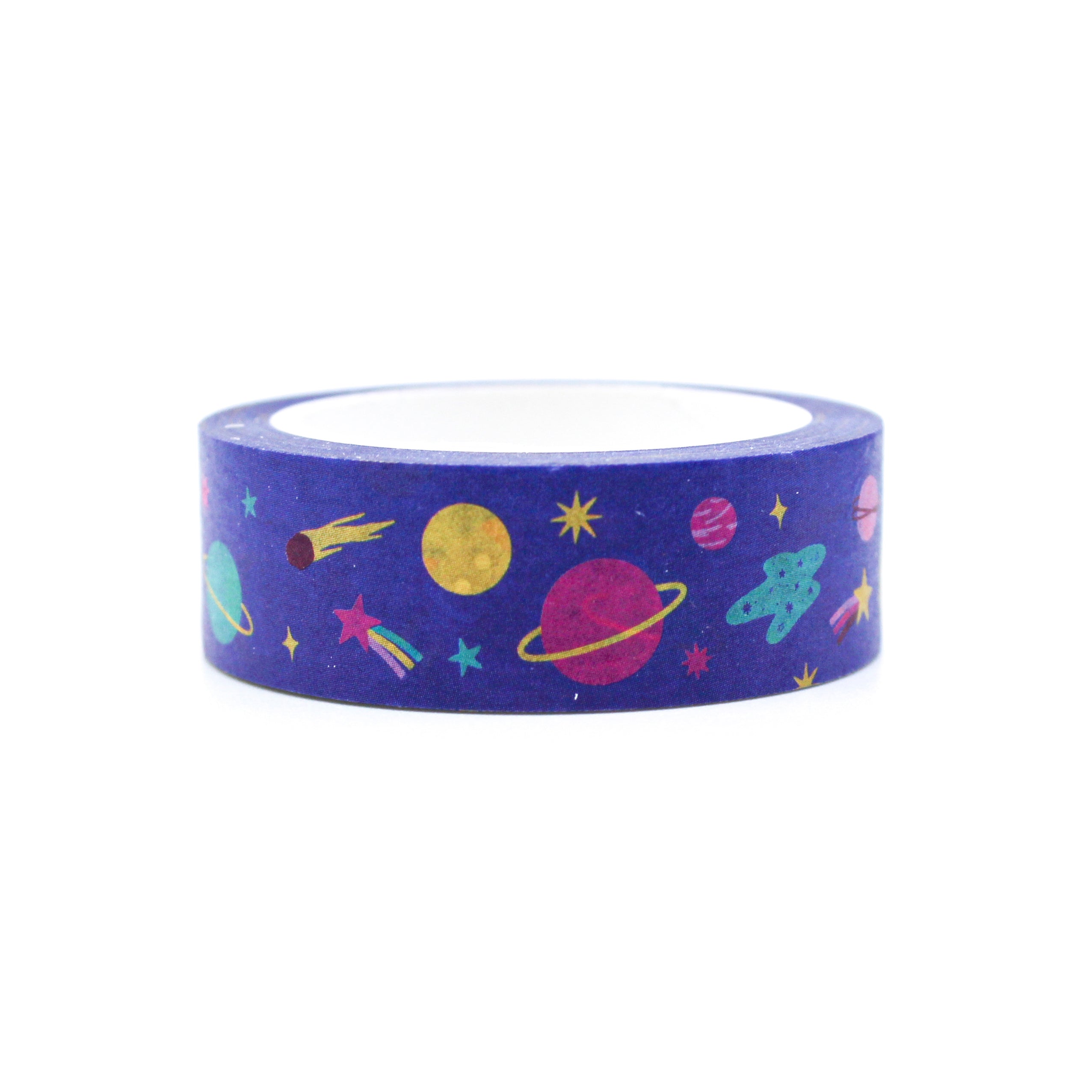 This picture is of a roll of kid friendly Science washi tape that features an outer space themed items with planets, rocket ship, comets, stars and the moon from BBB Supplies craft and journaling Supply Shop.