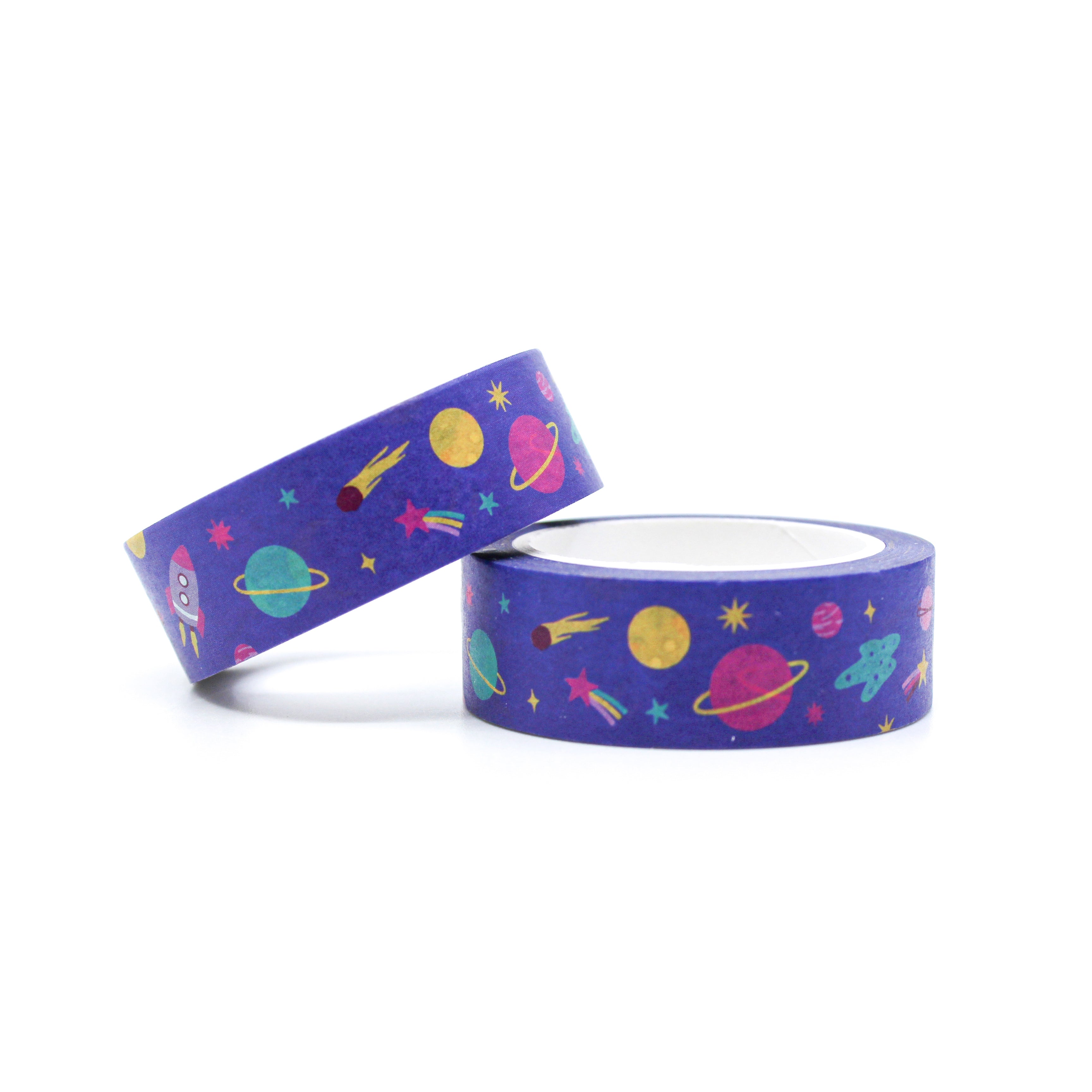 This picture is of two rolls of washi tapes that features a science outer space theme with intersteller theme items with planets, rocket ship, comets, stars and the moon from BBB Supplies craft and journaling Supply Shop.