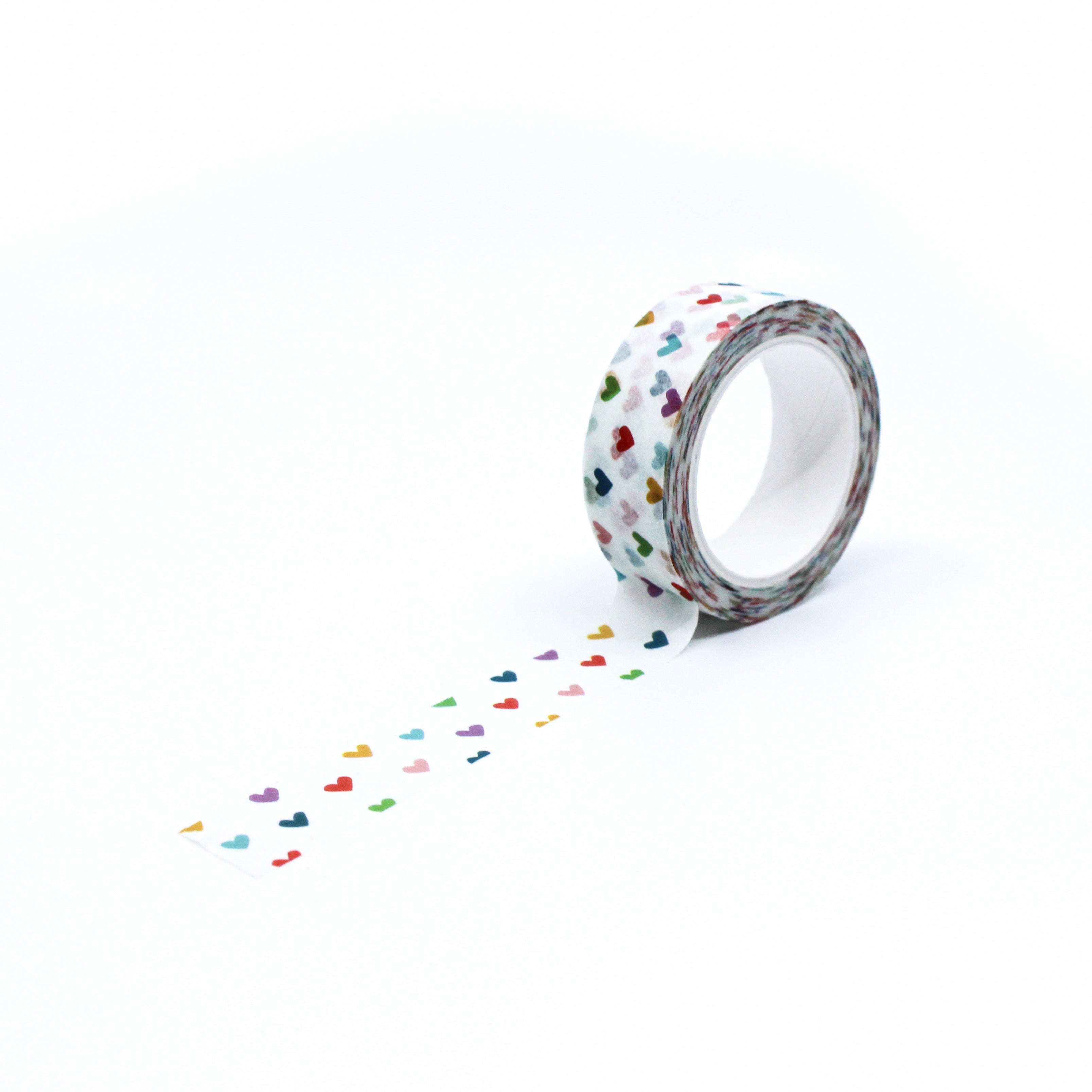 This is full pattern repeat of our fun and colorful tiny rainbow hearts washi tape from BBB Supplies craft and journaling shop.