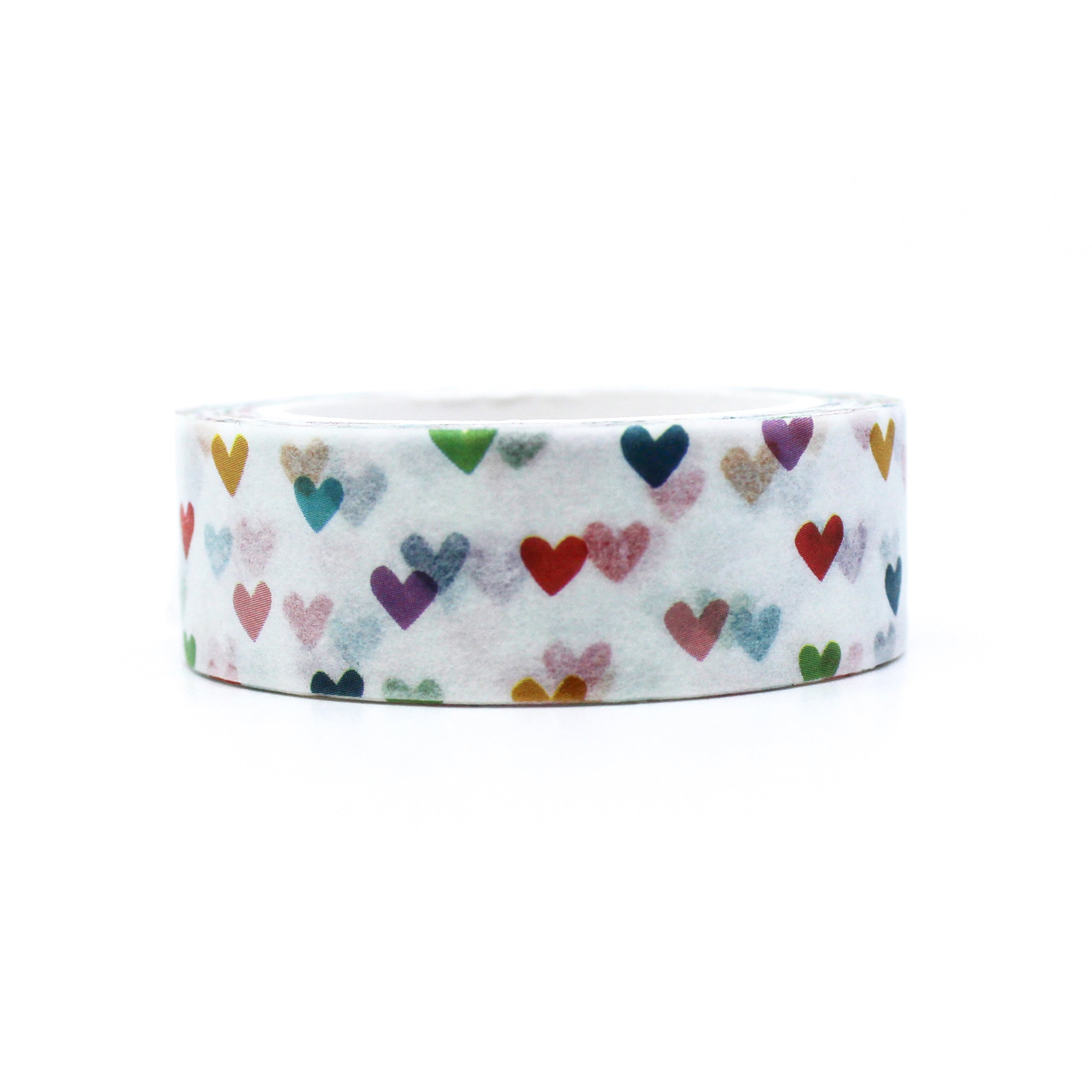 This is the front view of our colorful tiny rainbow hearts washi tape from BBB Supplies craft and journaling shop.