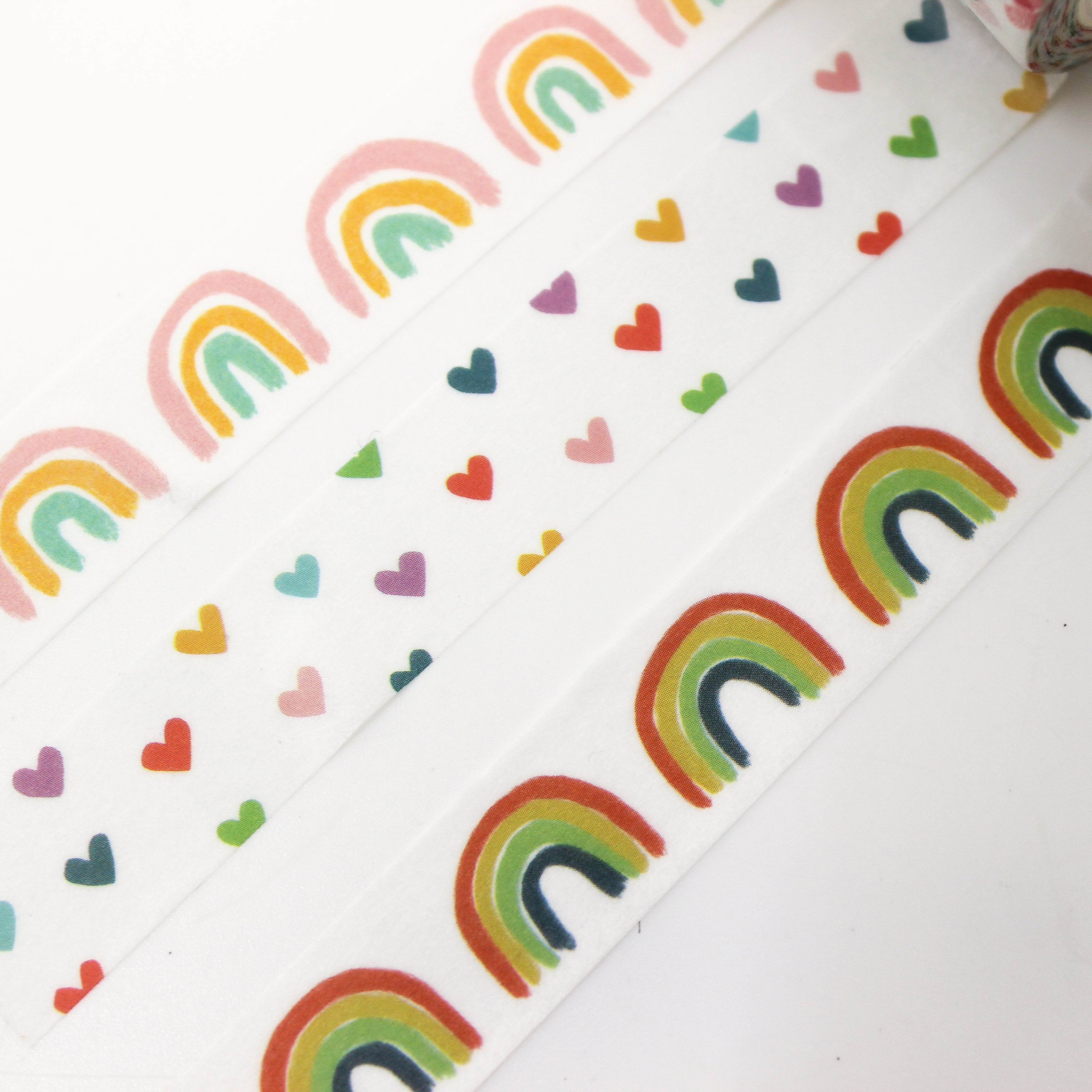 This is a fun and colorful tiny rainbow hearts and rainbow pattern collection of washi tape from BBB Supplies craft and journaling shop.