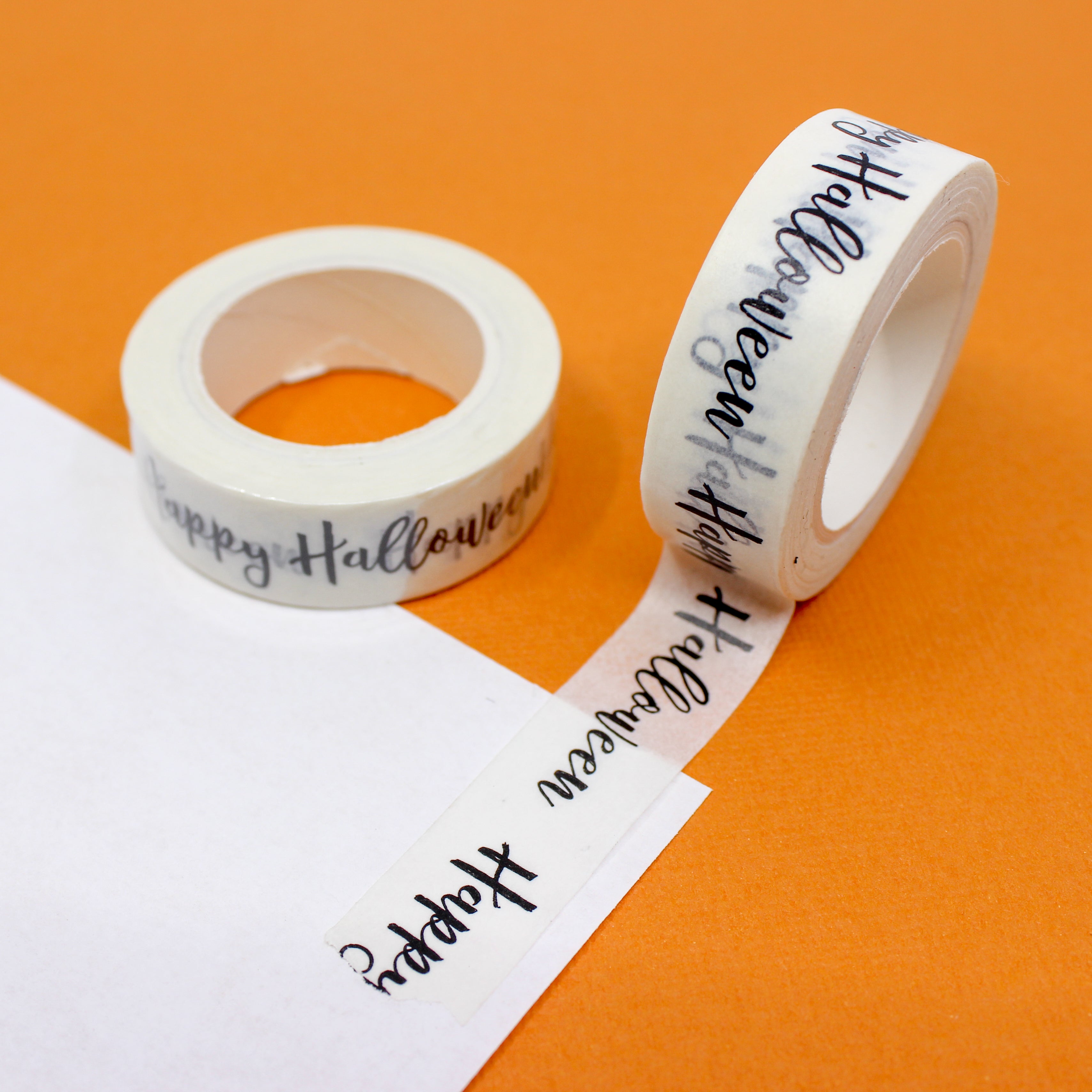 This is Happy Halloween cursive text washi tape from BBB Supplies Craft Shop