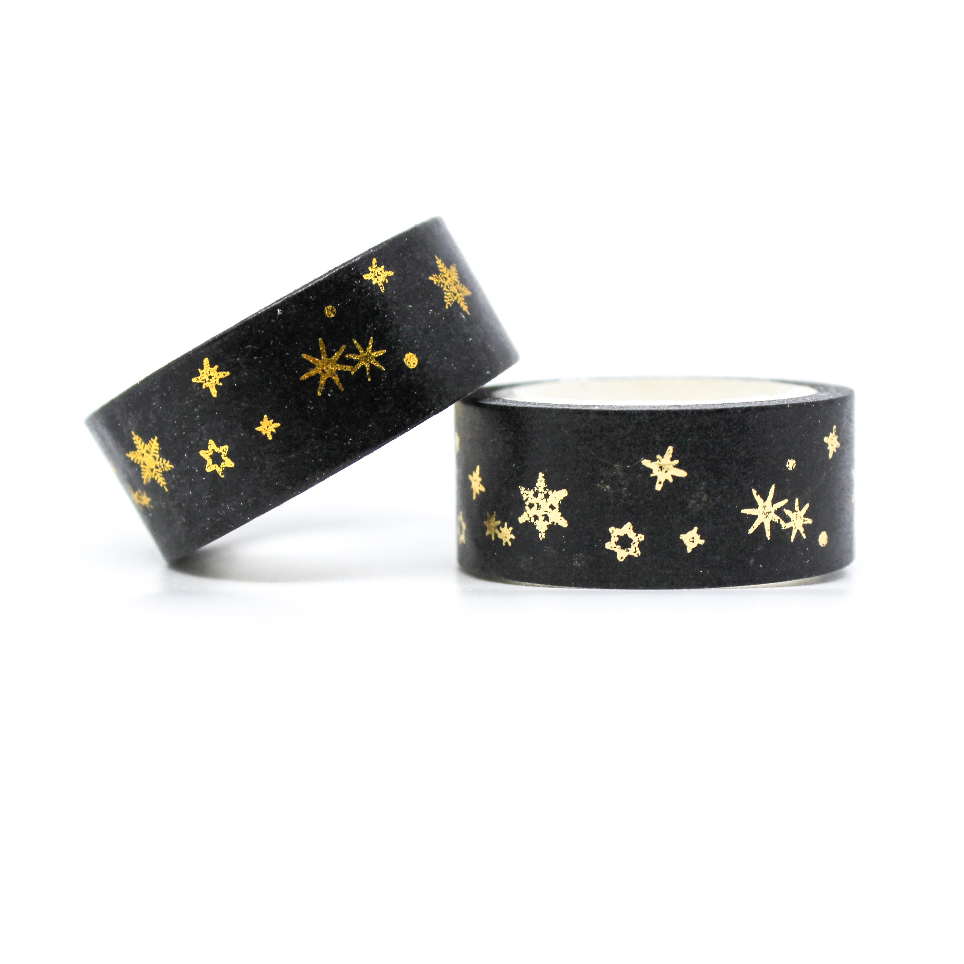 15mm Black & White Washi Tape - Moon, Stars, Snowflakes - silver and gold  detail 