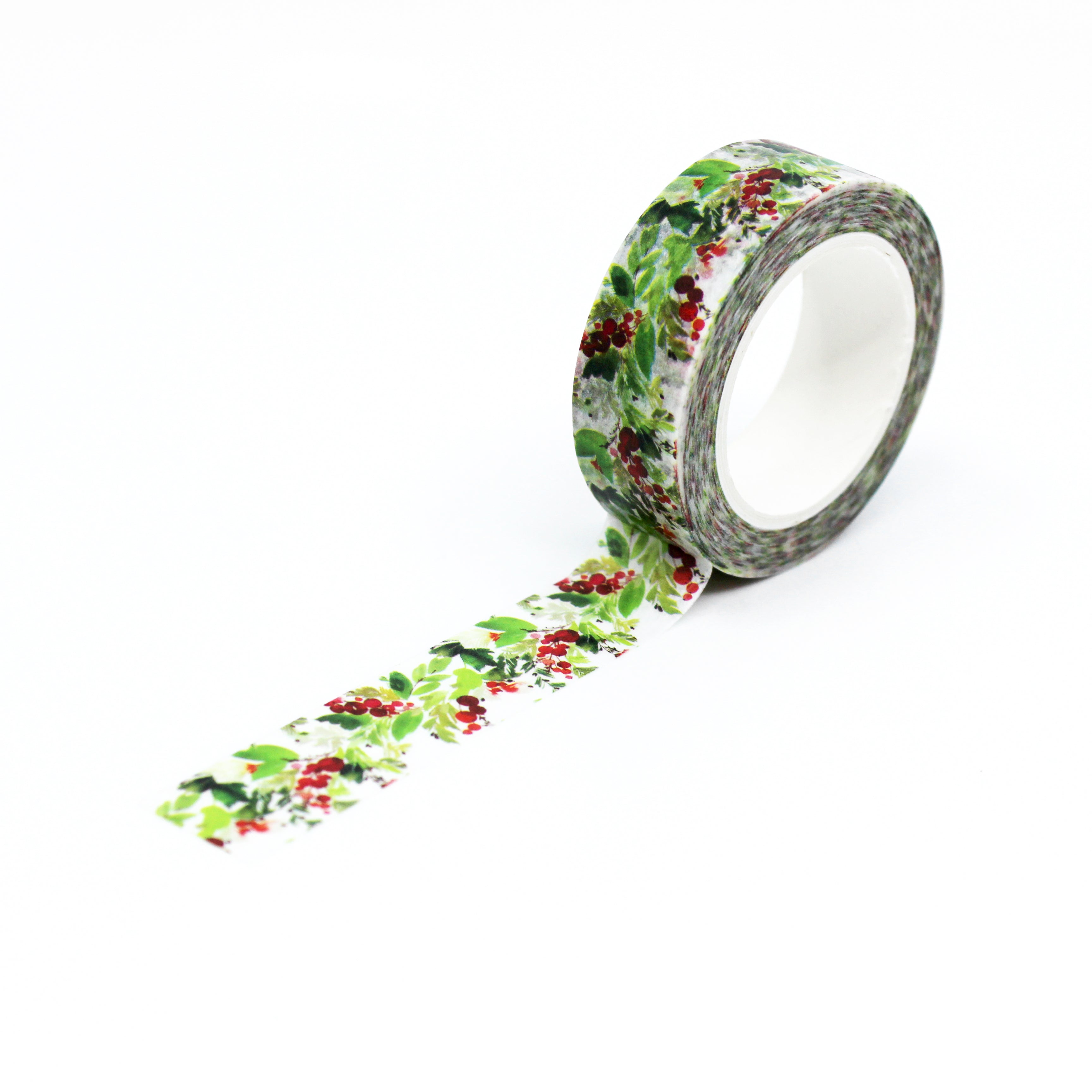 This is a full pattern repeat view of red berries ang green leaves holly sprigs washi tape from BBB Supplies Craft Shop