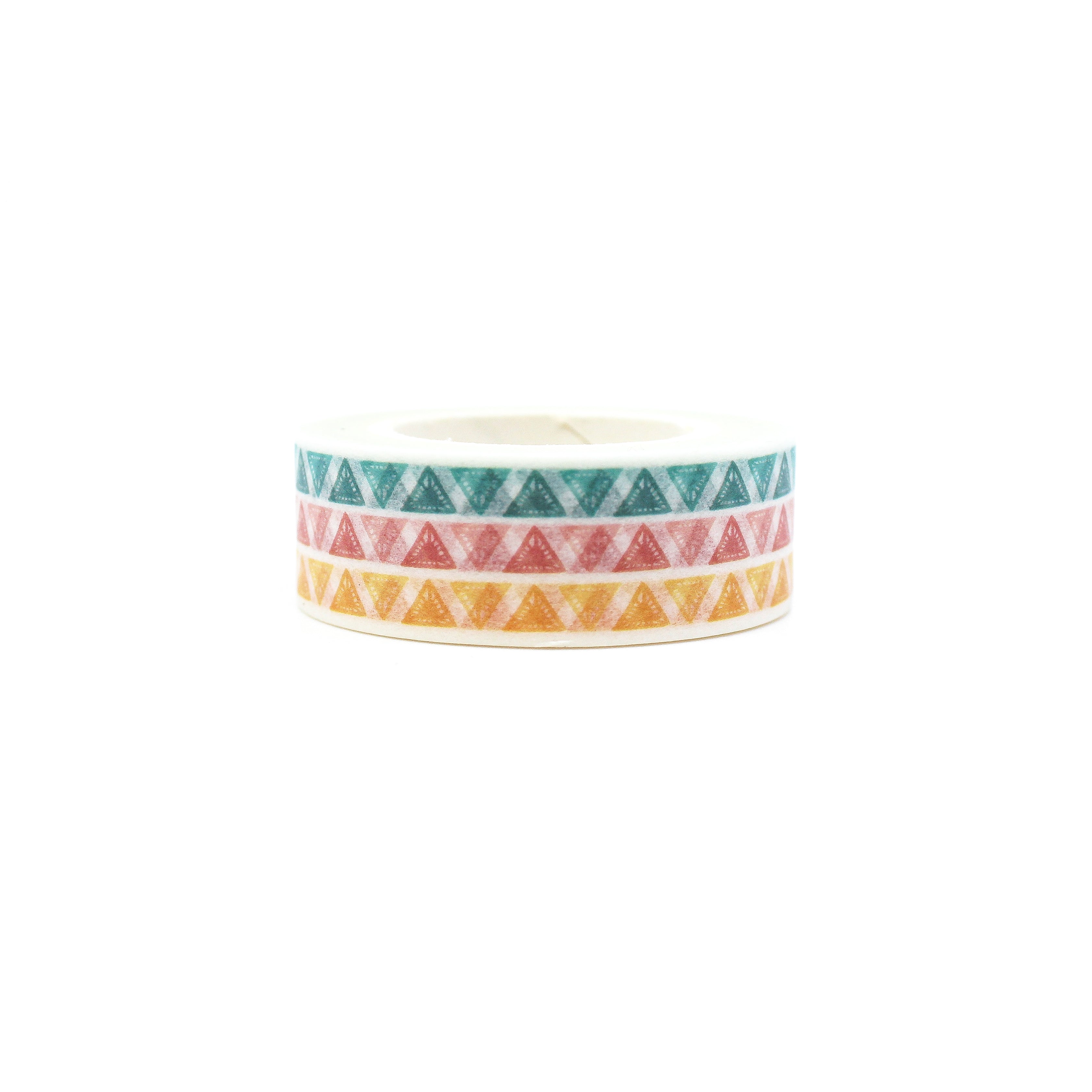  This is a blue, yellow and pink triangle geometric view themed washi tape from BBB Supplies Craft Shop