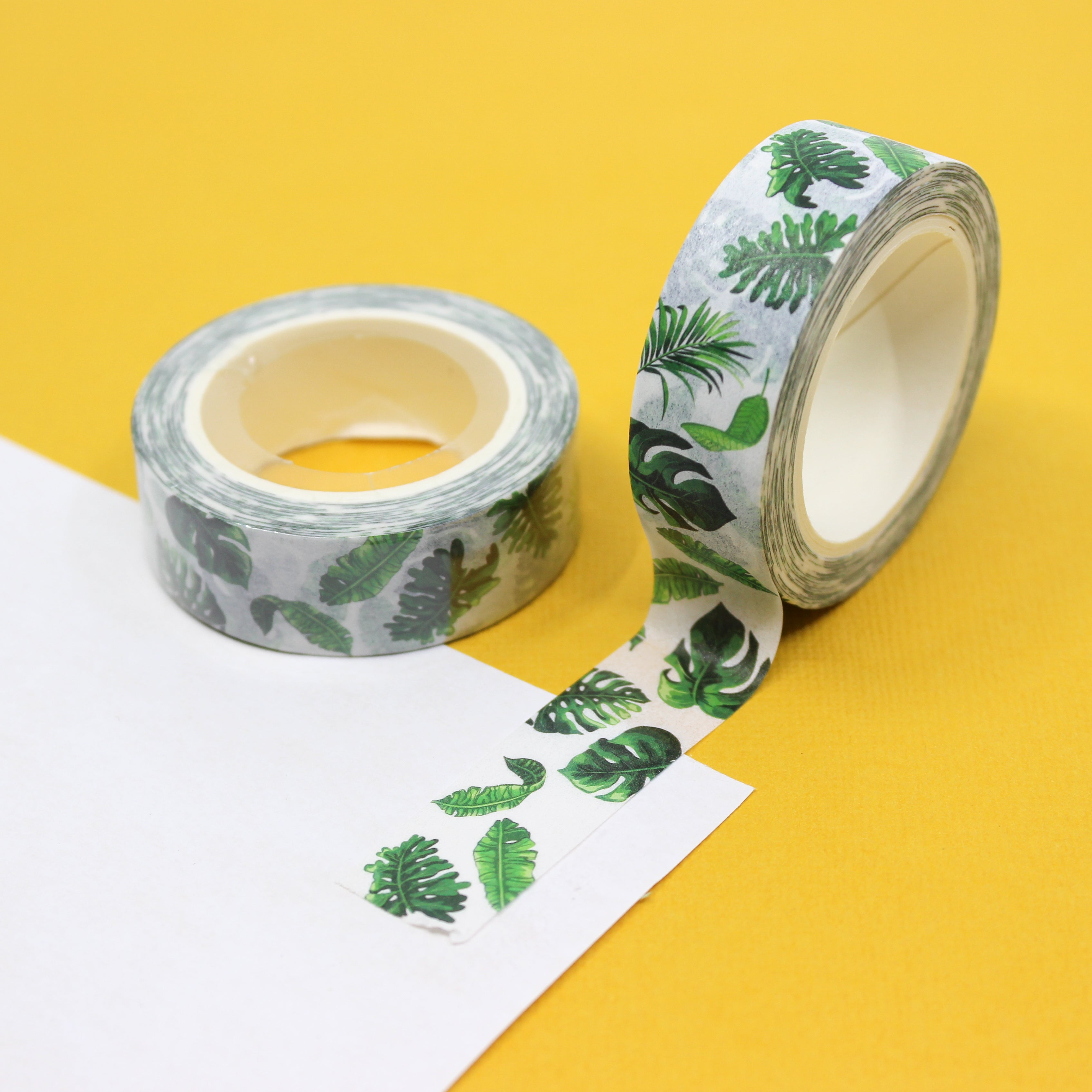 This is a green monstera palm leaf view themed washi tape from BBB Supplies Craft Shop